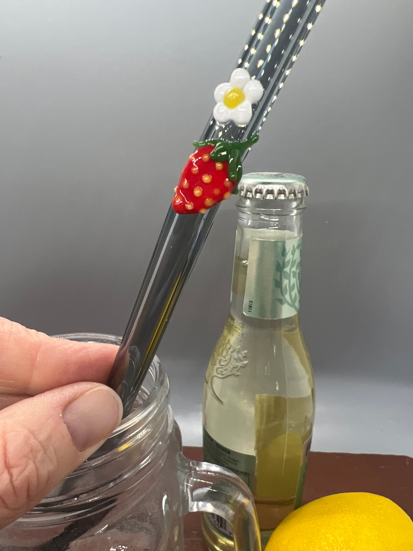 Strawberry and Blossom on Gray Glass Straw 10” Bent