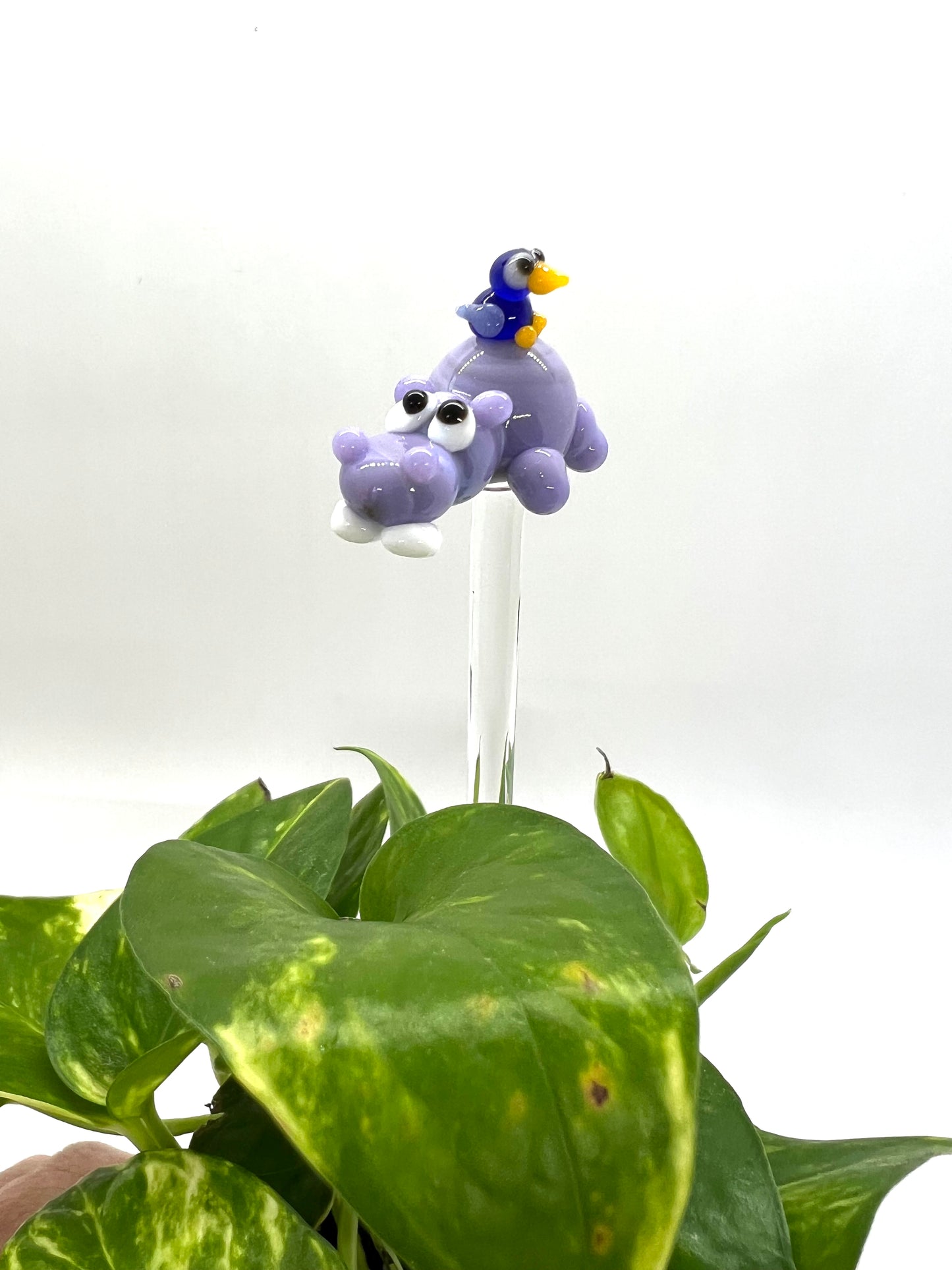 Hippo and Bird Glass Plant Stake