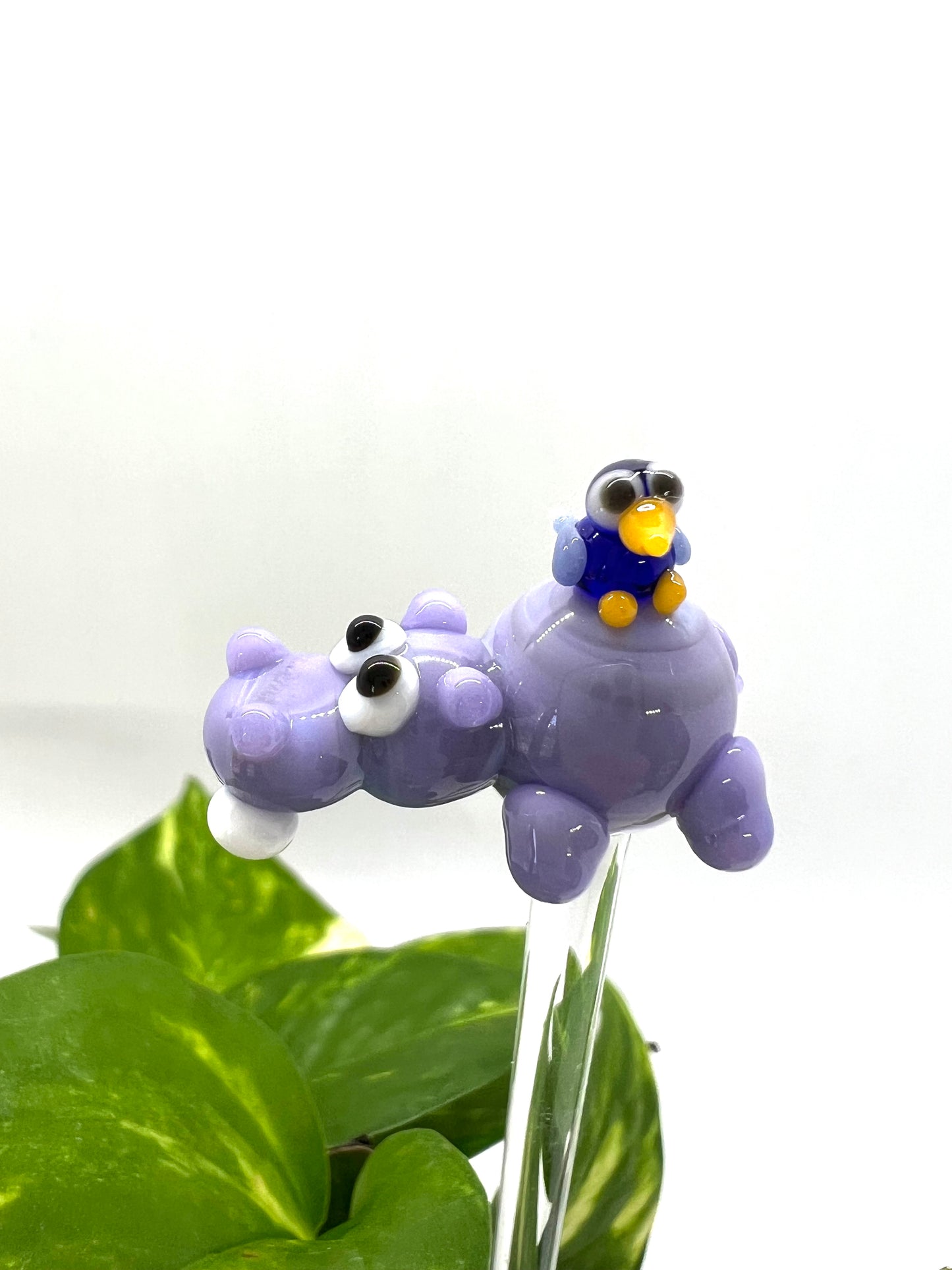 Hippo and Bird Glass Plant Stake