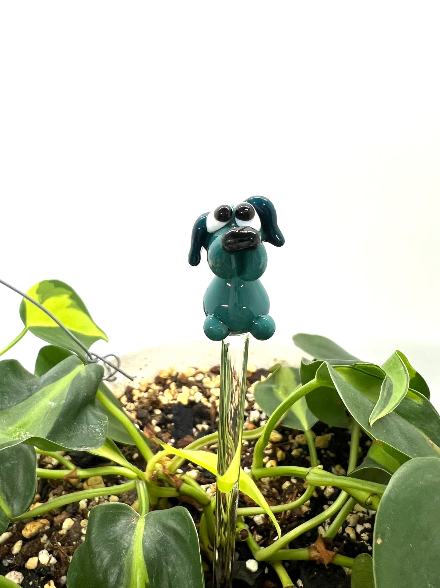 Aqua Teal Dog Glass Plant Stake