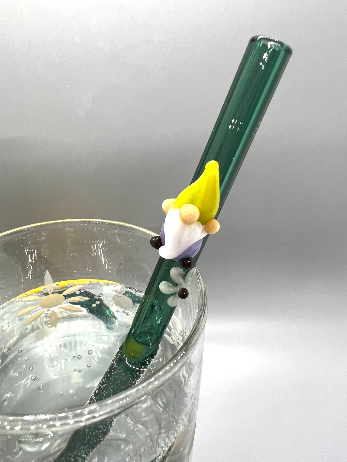 Little Gnome with Flower on Teal Straw 8”