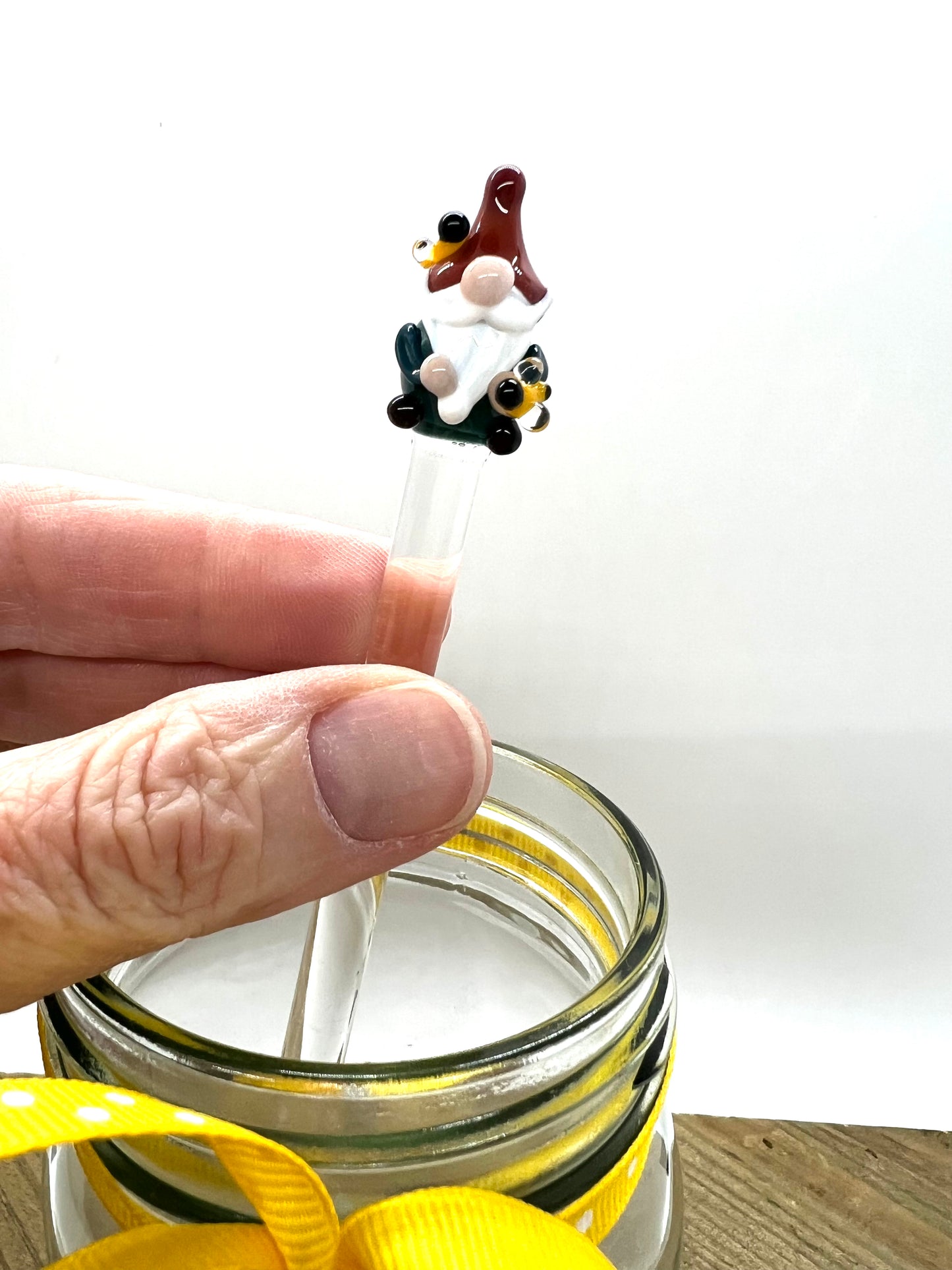 Gnome Bee Keeper with Tiny Bees Honey Drizzle Wand- Dark Teal