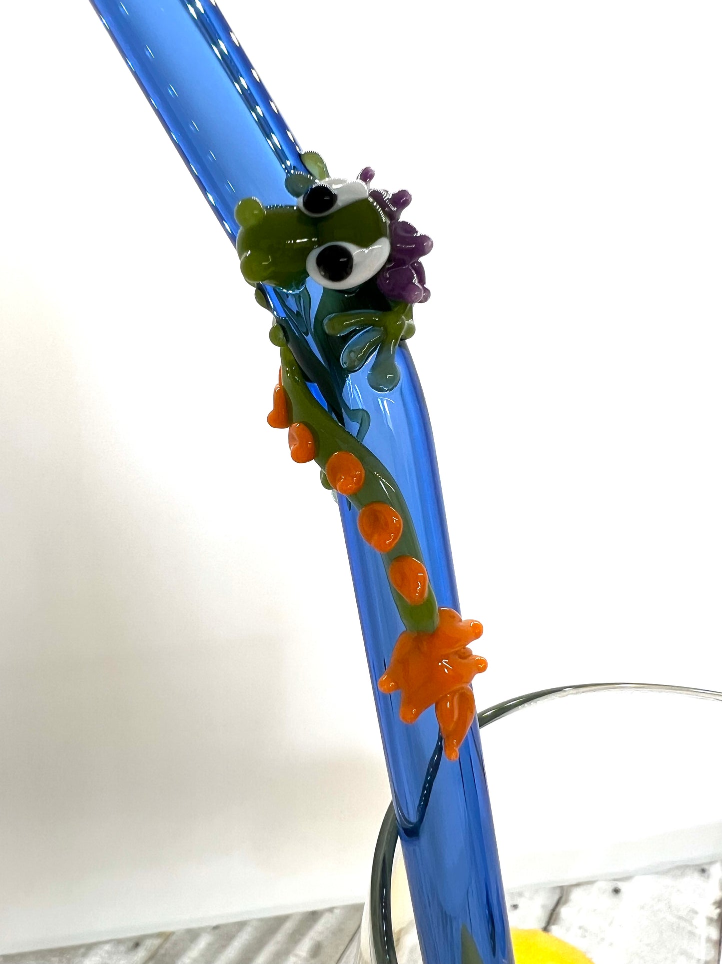 Green Dragon on a Bent Light Cobalt Blue Straw- 9 inches long