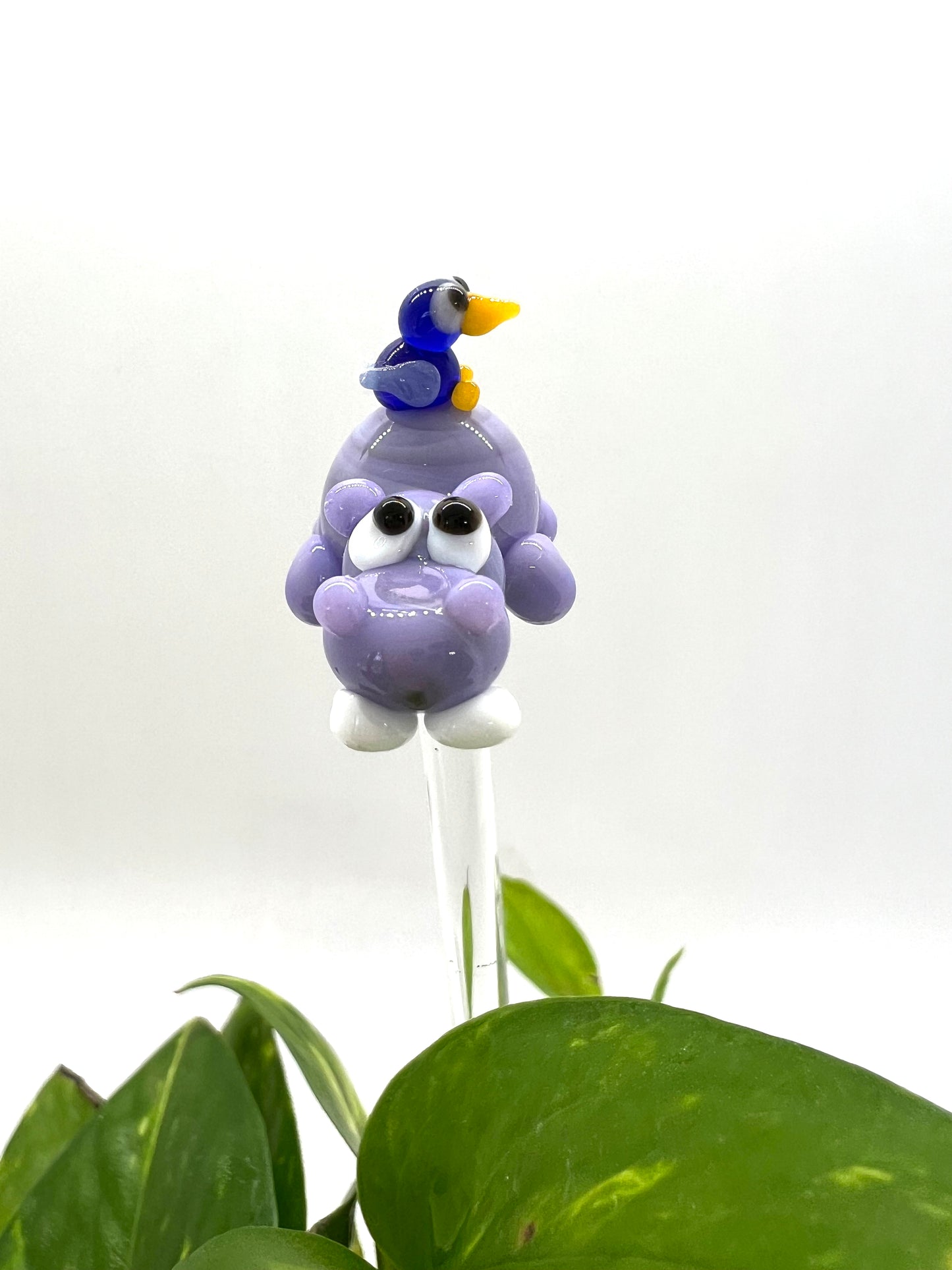 Hippo and Bird Glass Plant Stake