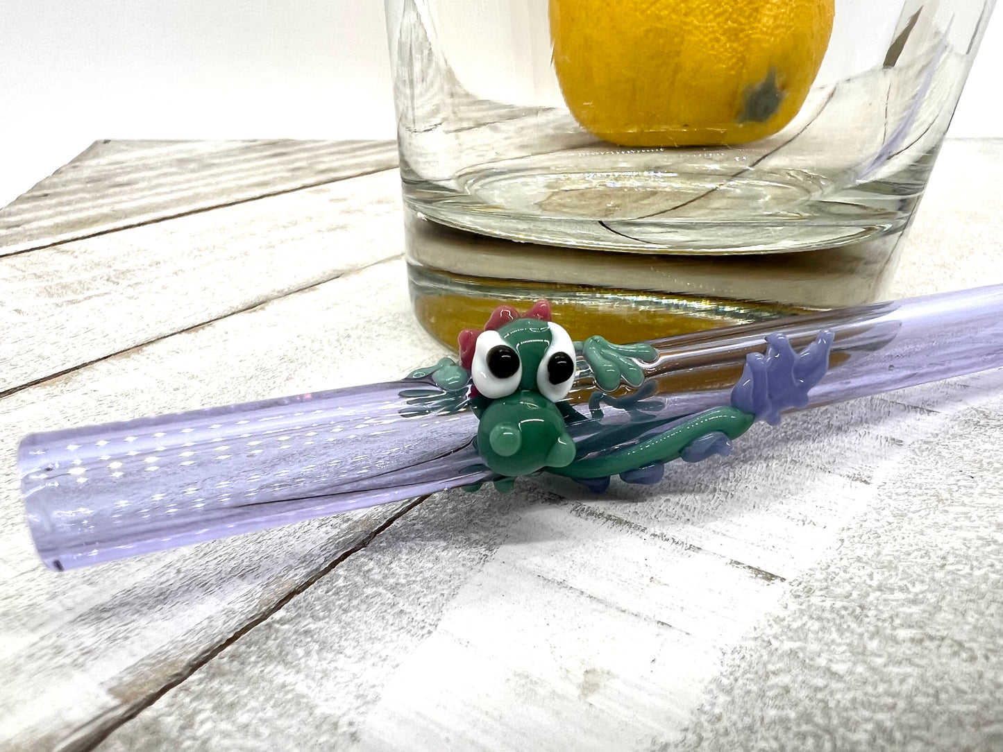 Teal Dragon on a Straight Lavender Purple Straw- 10 inches long