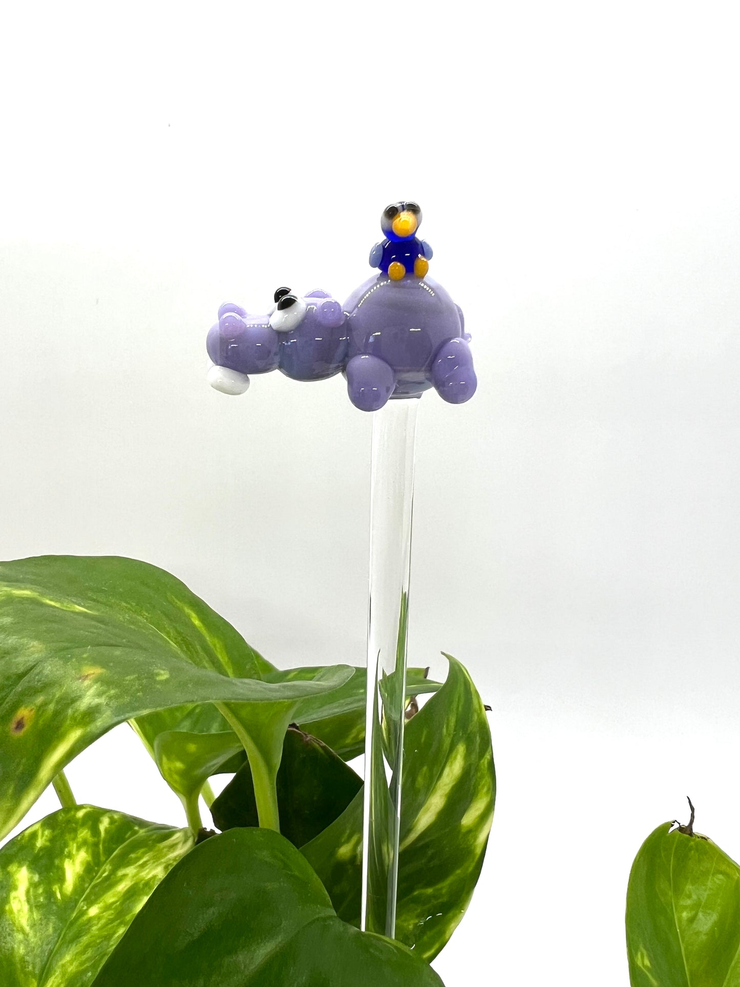 Hippo and Bird Glass Plant Stake