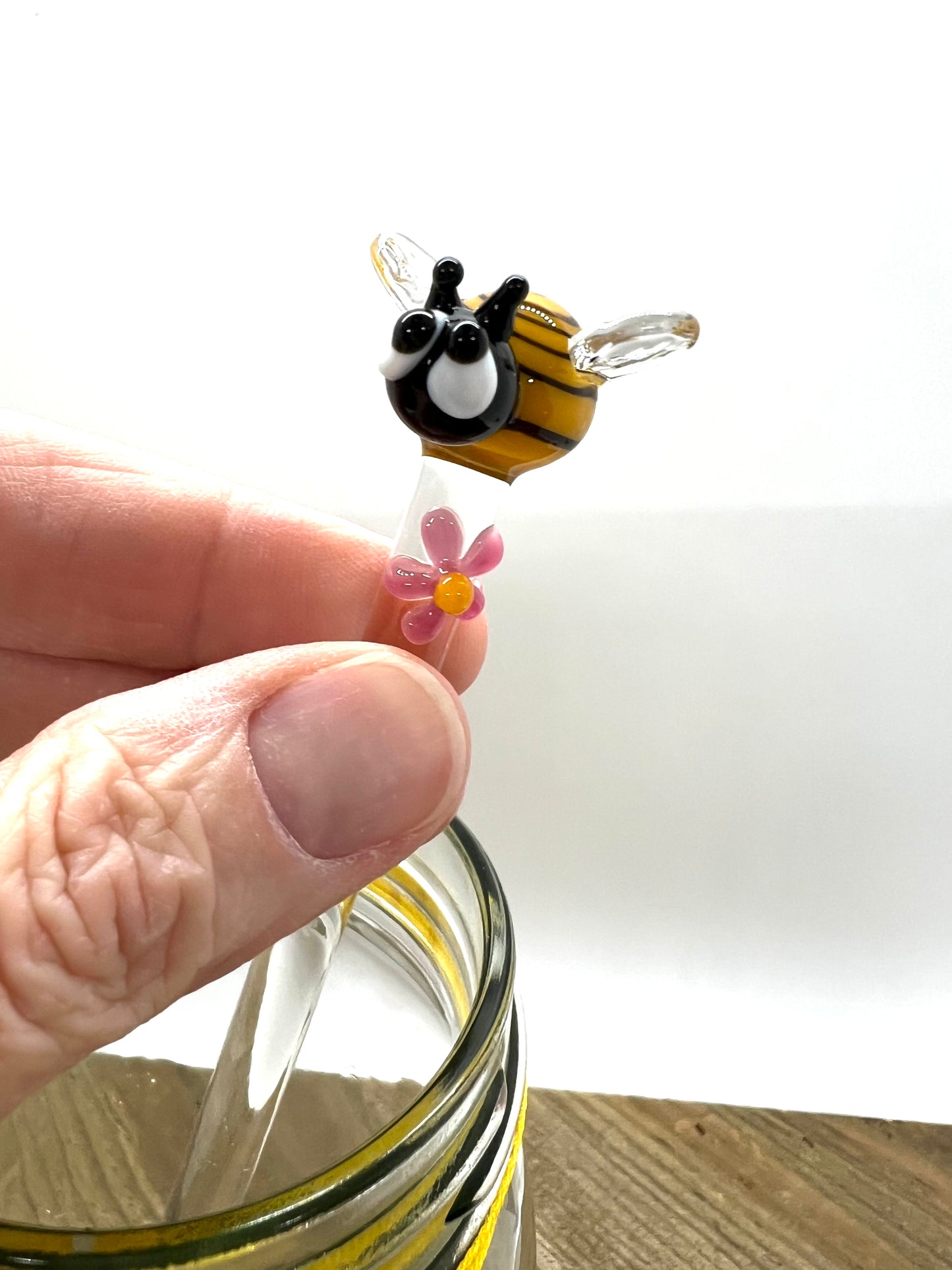 Honey Bee with Pink Flower Glass Honey Wand