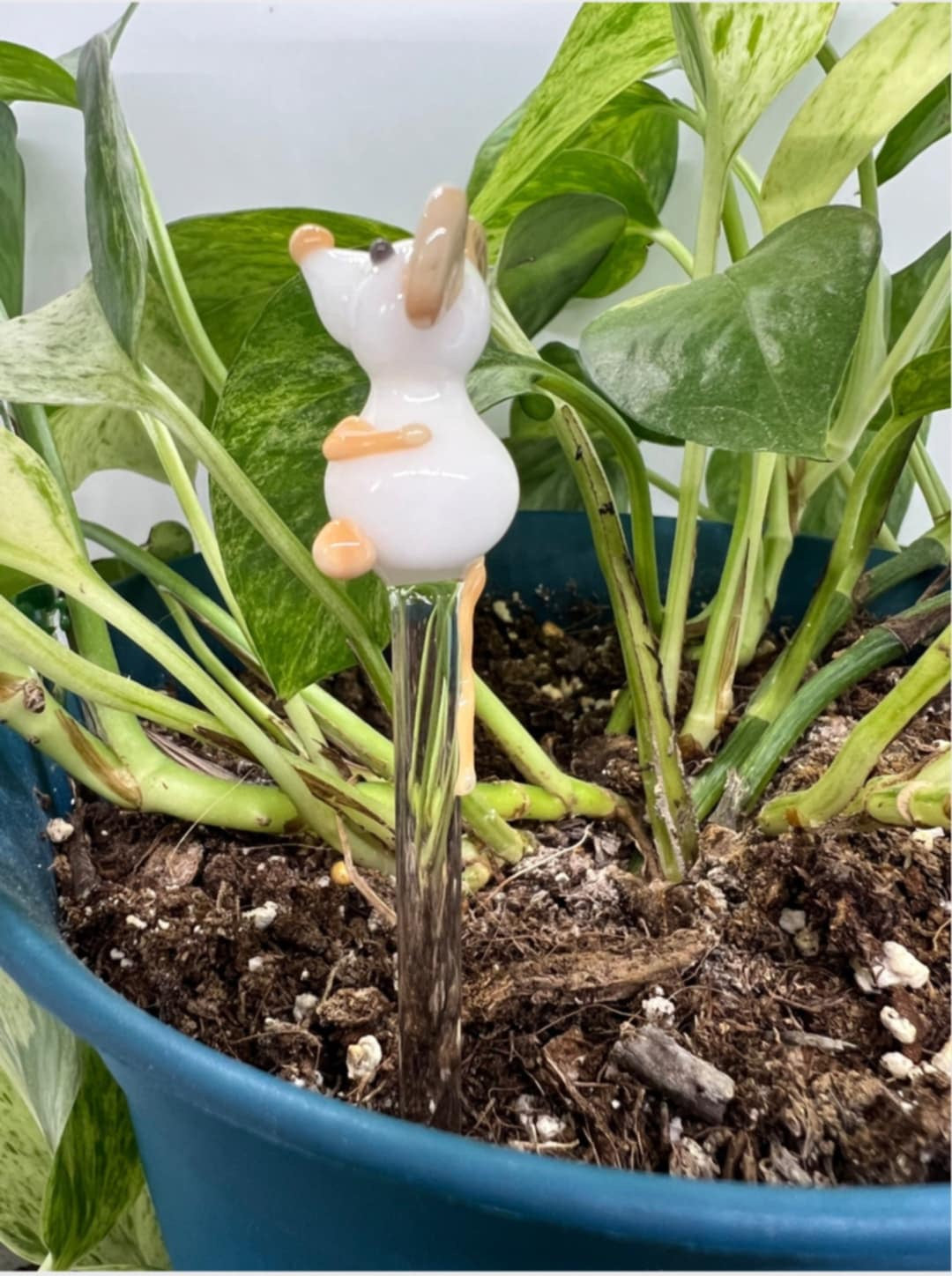White and Peach Mouse Glass Plant Stake