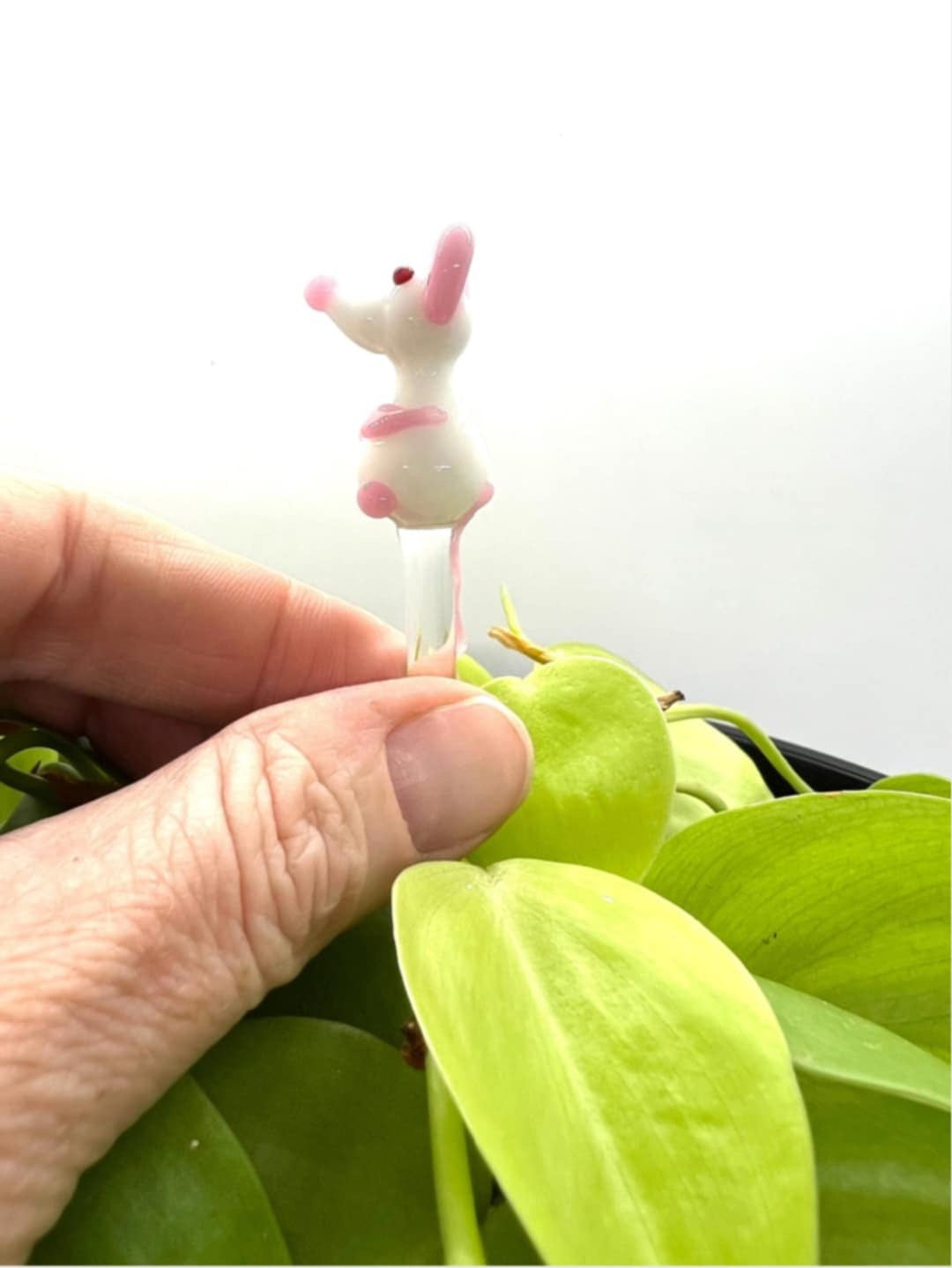 White Mouse Glass Plant Stake