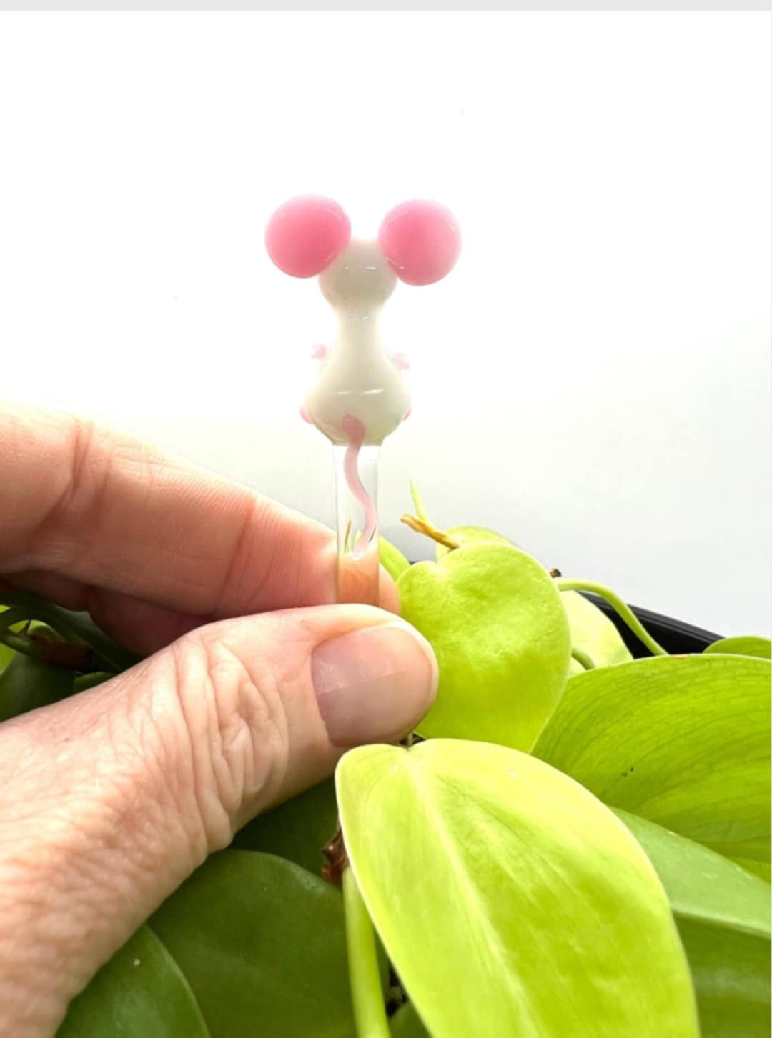 White Mouse Glass Plant Stake