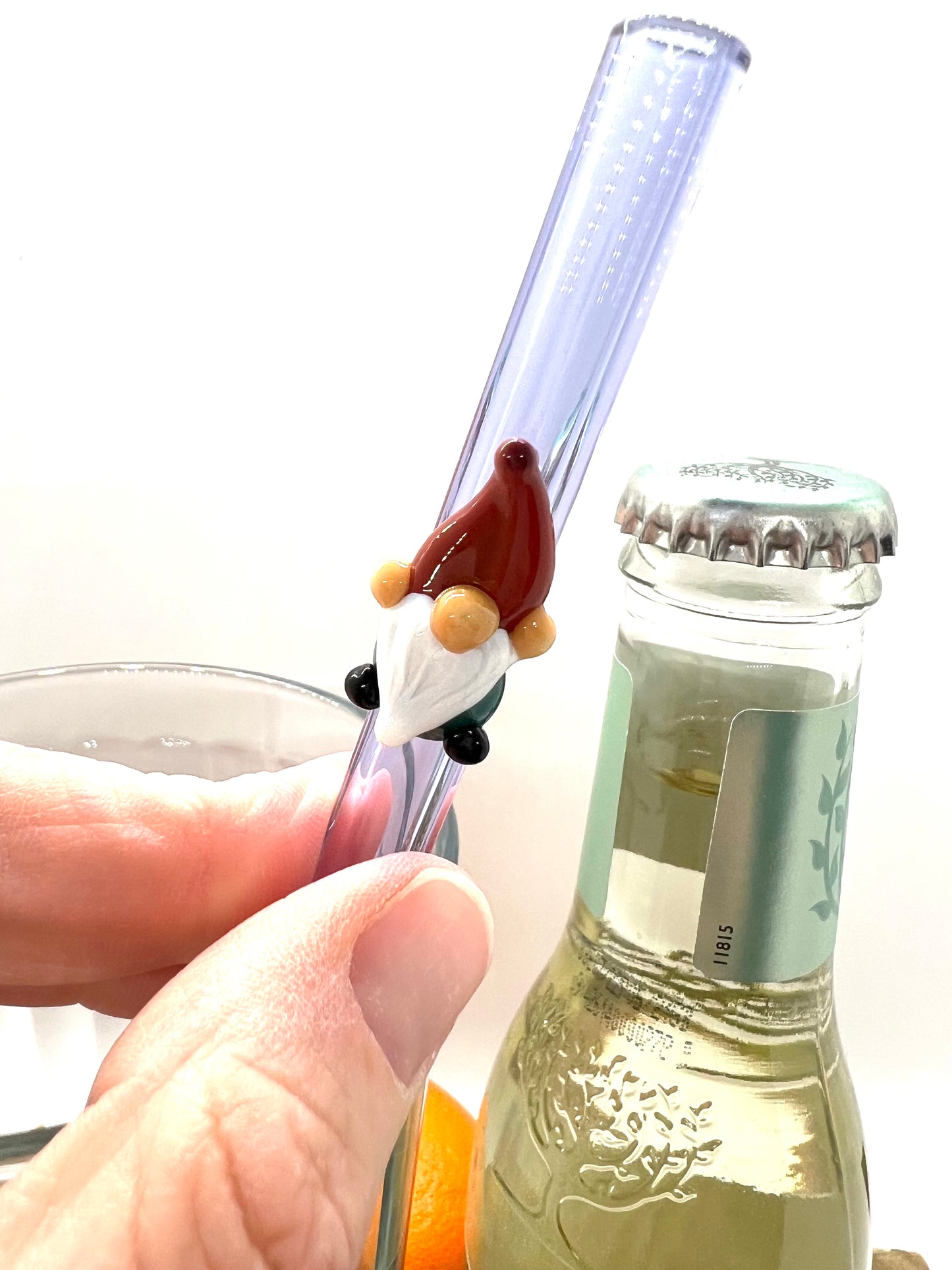 Teal Gnome on a Lavender Purple Glass Straw