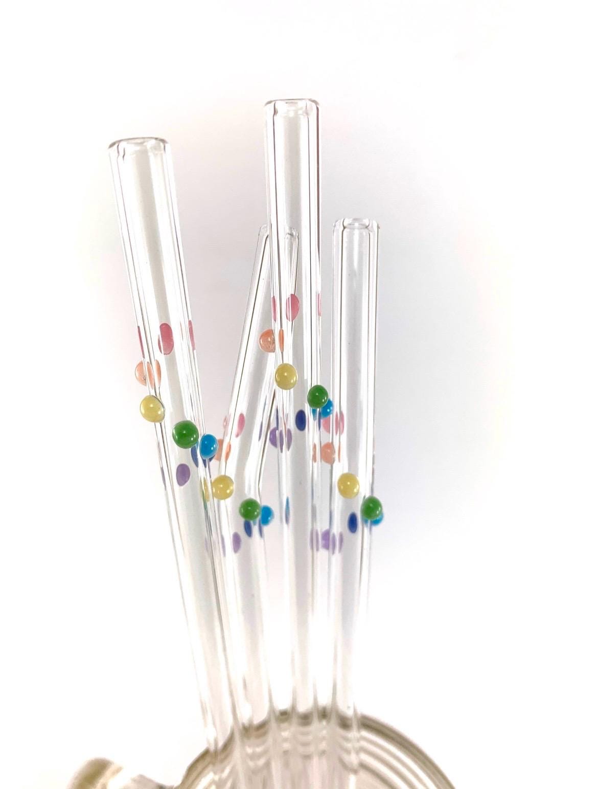 Pastel Rainbow Dots on Clear Glass Straws