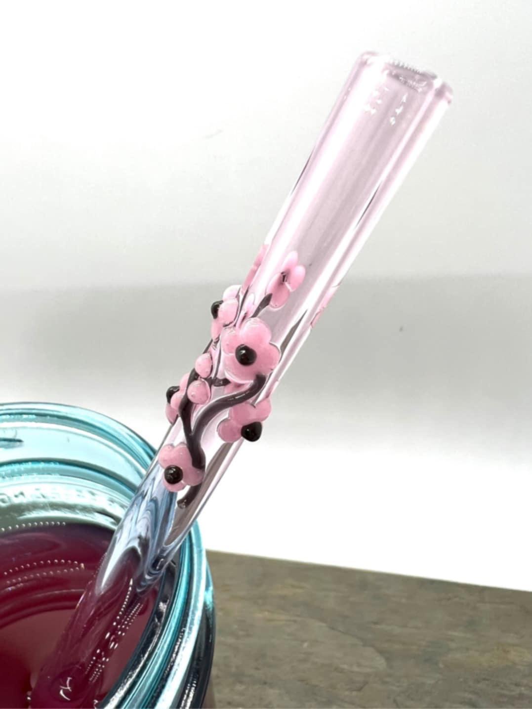 Cherry Blossoms on Straight Pink Glass Straw