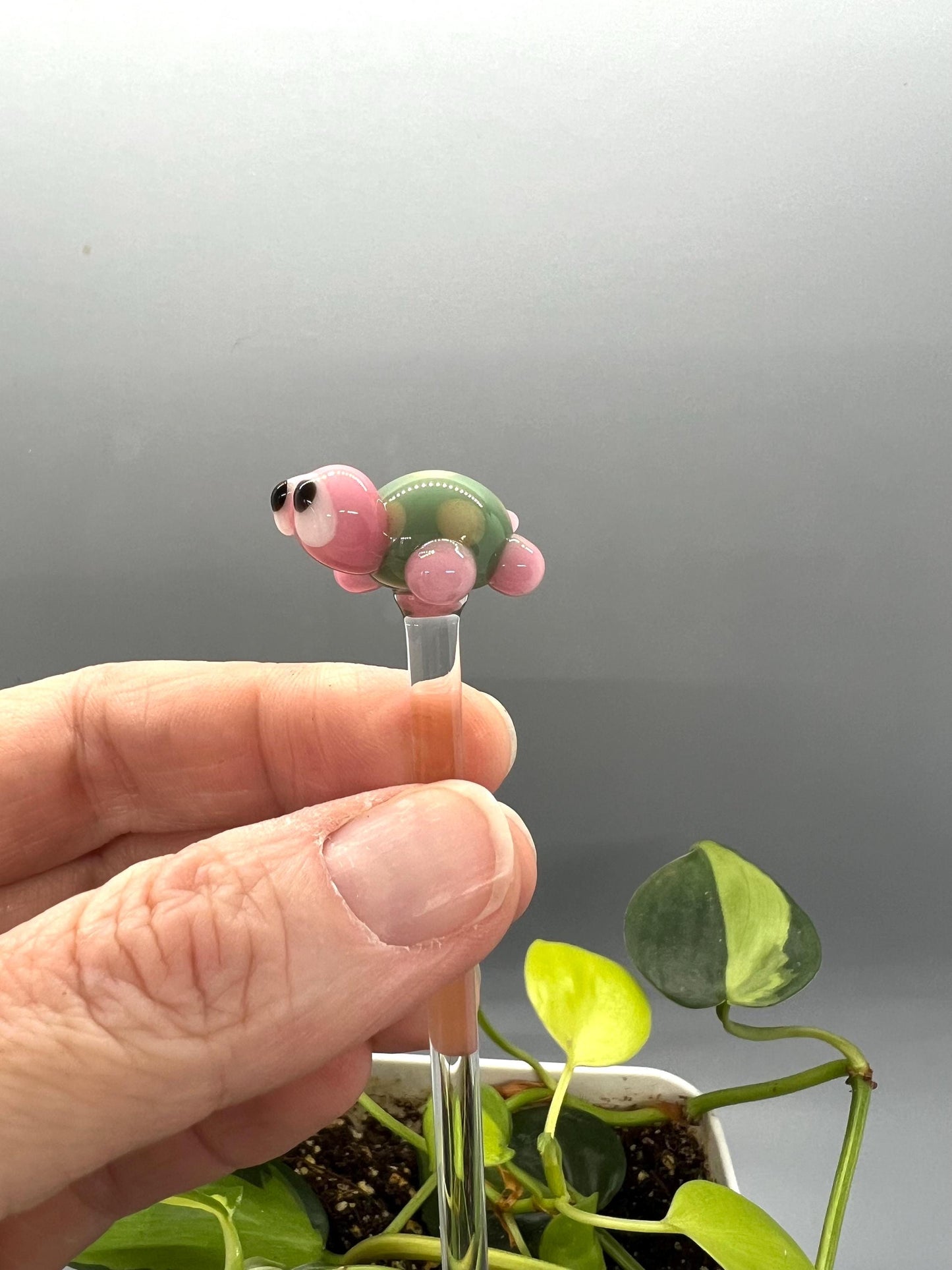 Turtle Glass Plant Stake- Sage and Pink Turtle