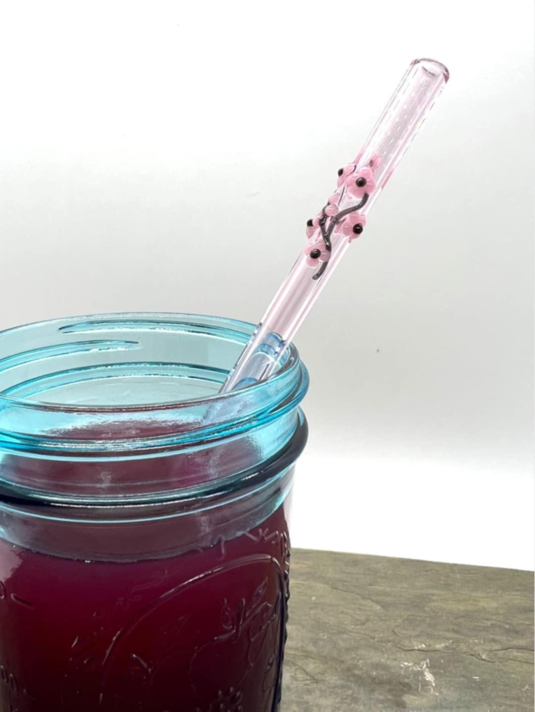 Cherry Blossoms on Straight Pink Glass Straw