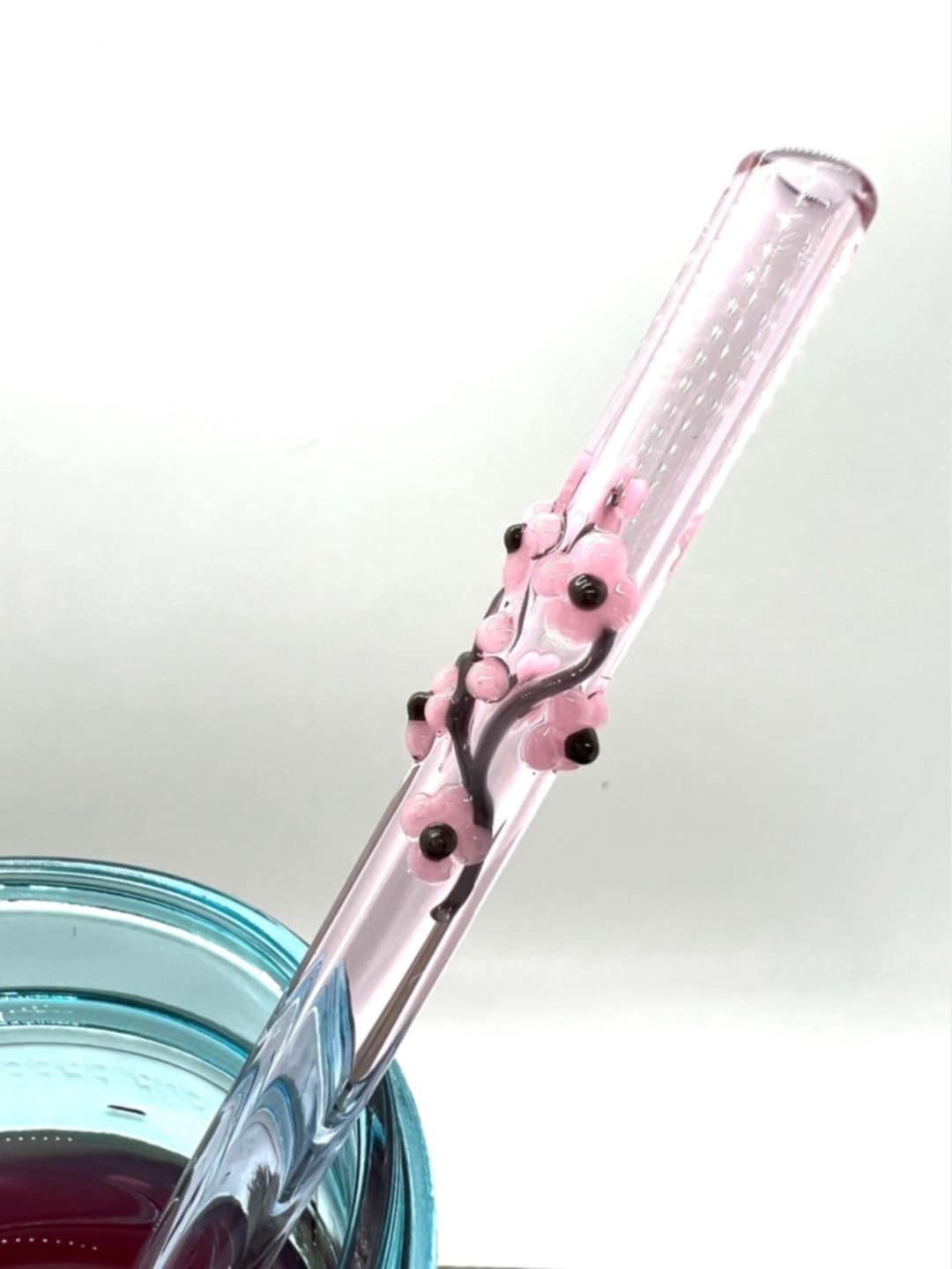 Cherry Blossoms on Straight Pink Glass Straw
