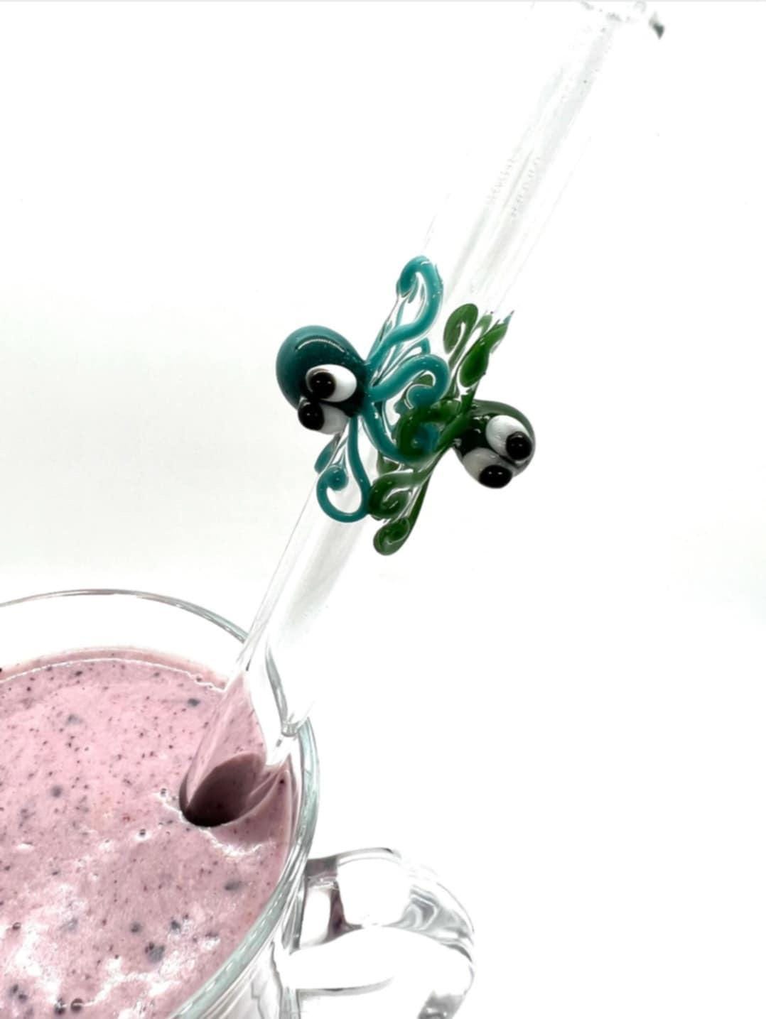 Teal and Green Double Octopi on Bent Clear Glass Smoothie Straw