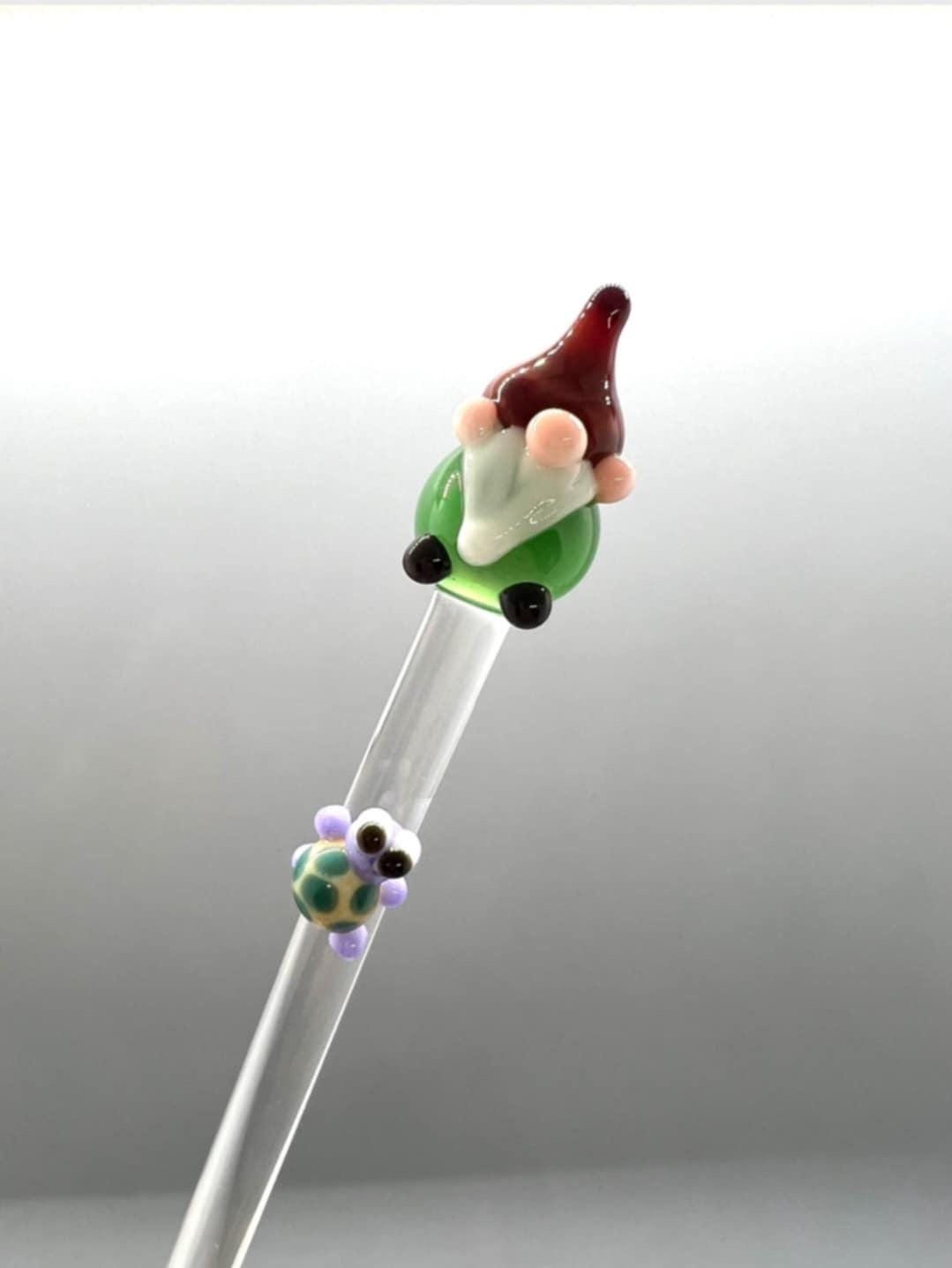 Garden Gnome and Turtle Glass Plant Stake