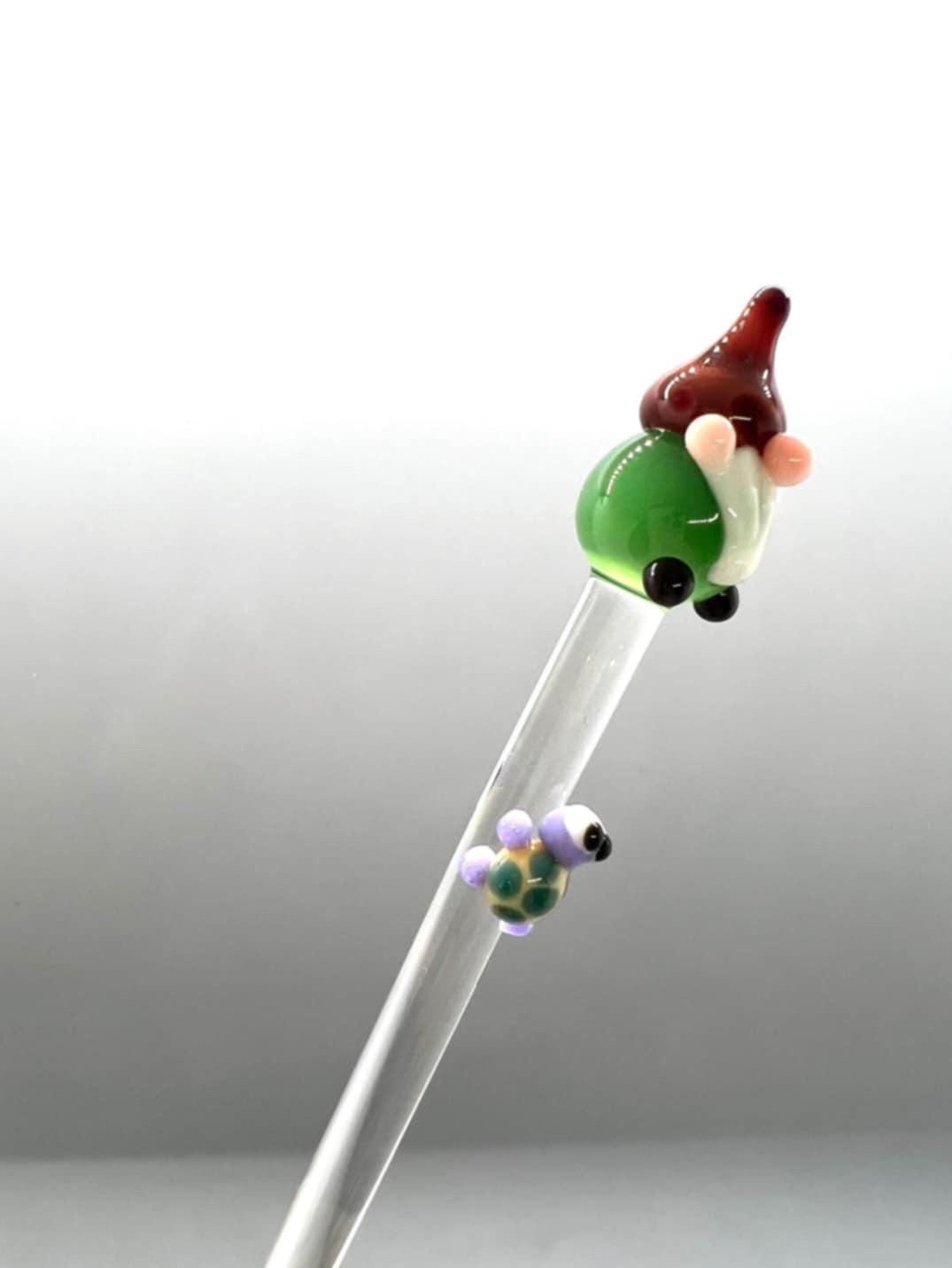 Garden Gnome and Turtle Glass Plant Stake