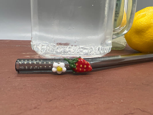 Strawberry and Blossom on Gray Glass Straw 10” Bent
