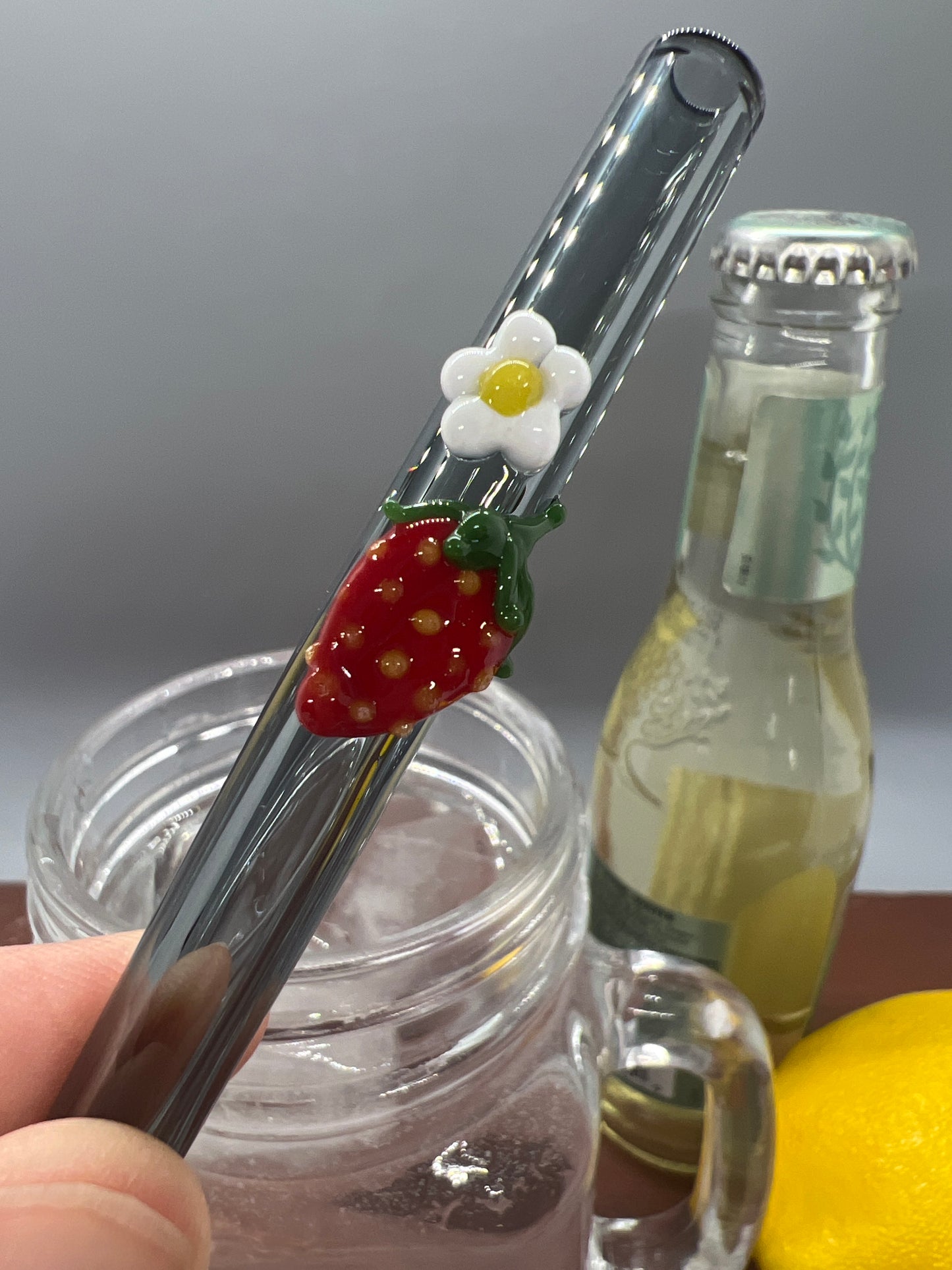 Strawberry and Blossom on Gray Glass Straw 10” Bent