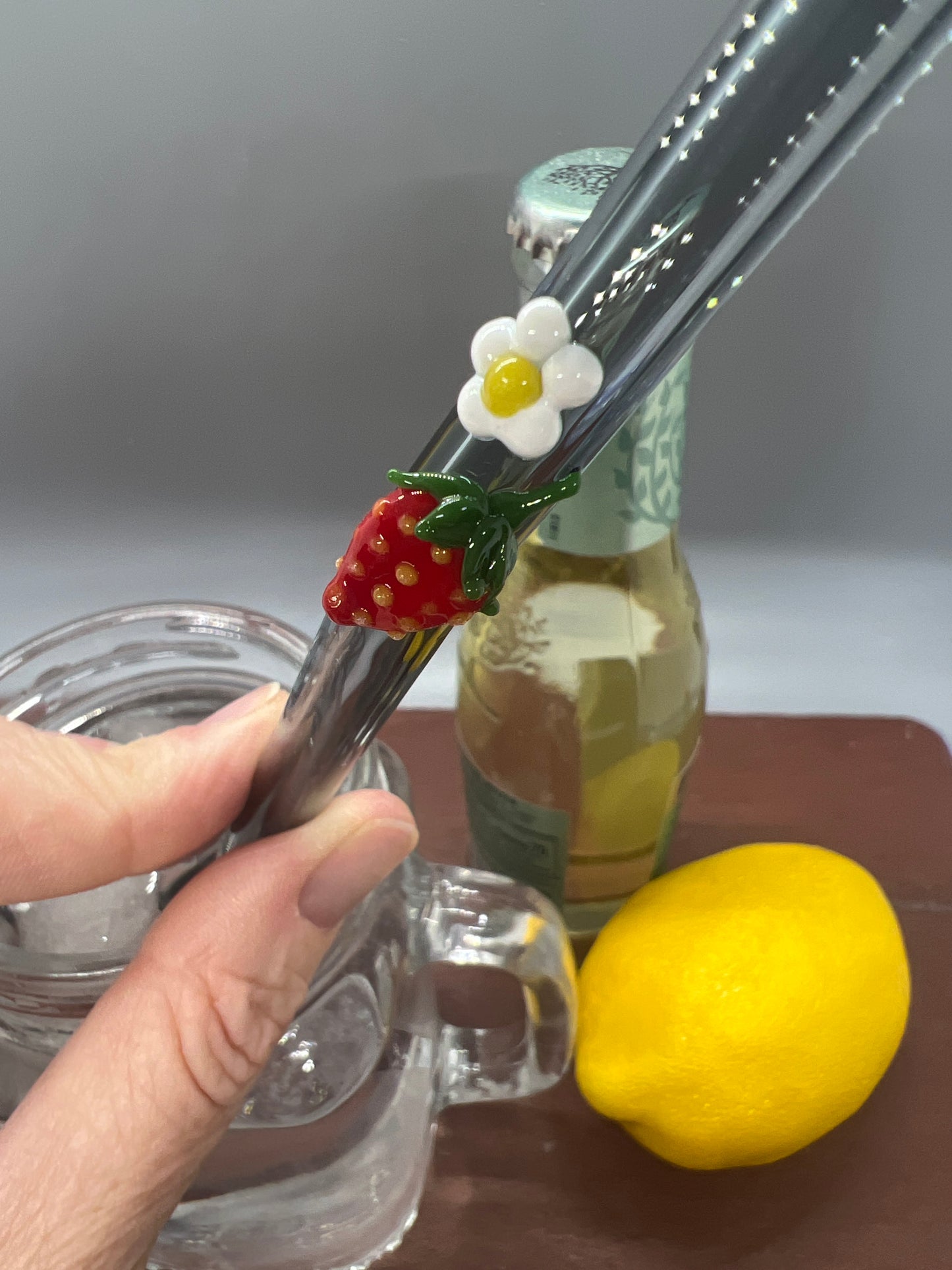 Strawberry and Blossom on Gray Glass Straw 10” Bent