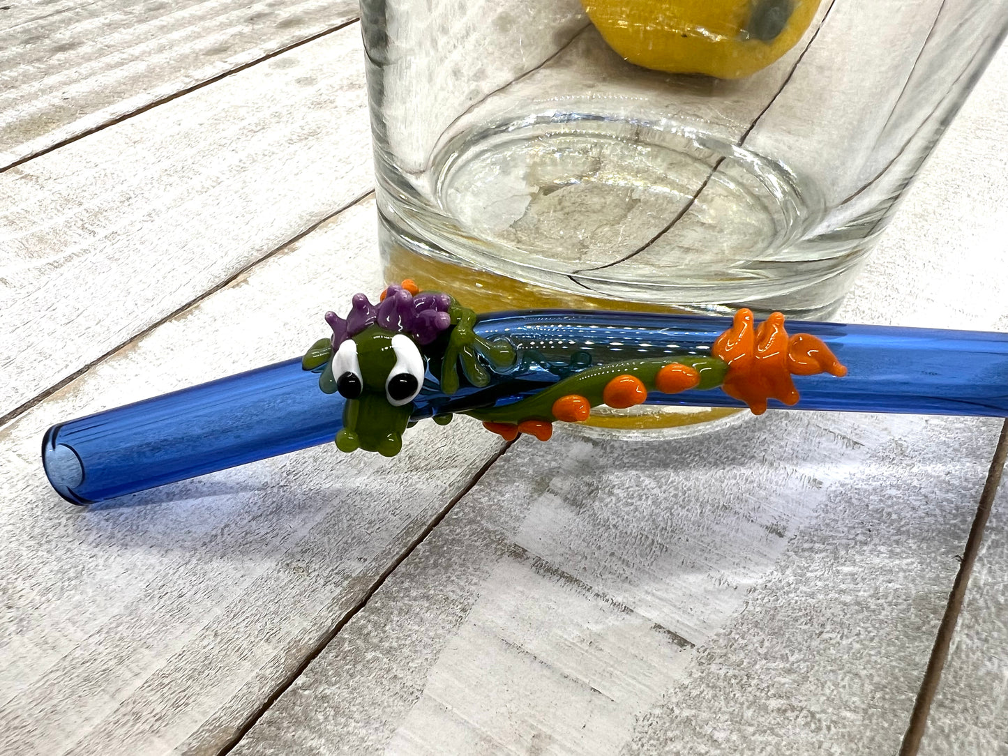 Green Dragon on a Bent Light Cobalt Blue Straw- 9 inches long