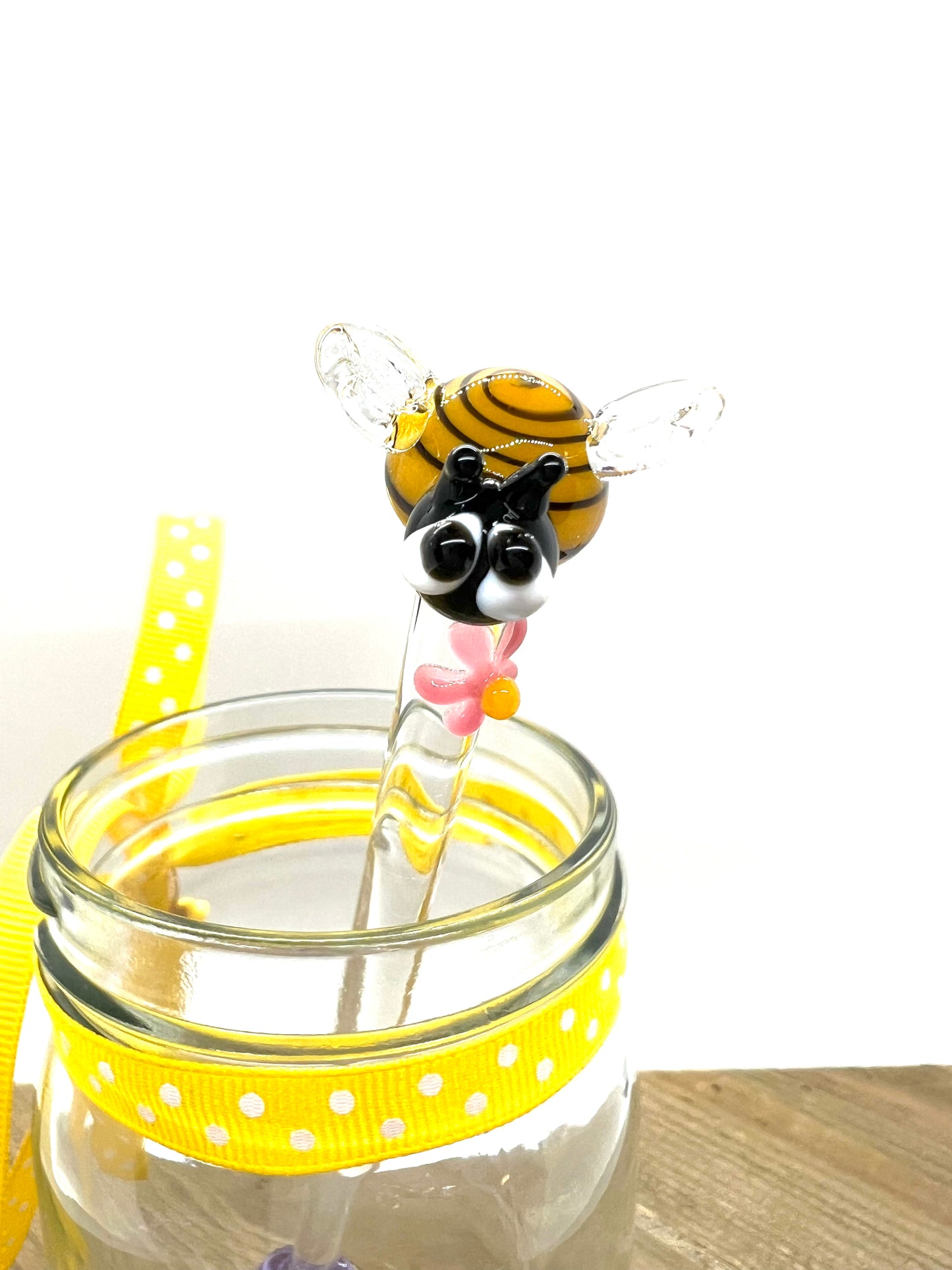 Honey Bee with Pink Flower Glass Honey Wand