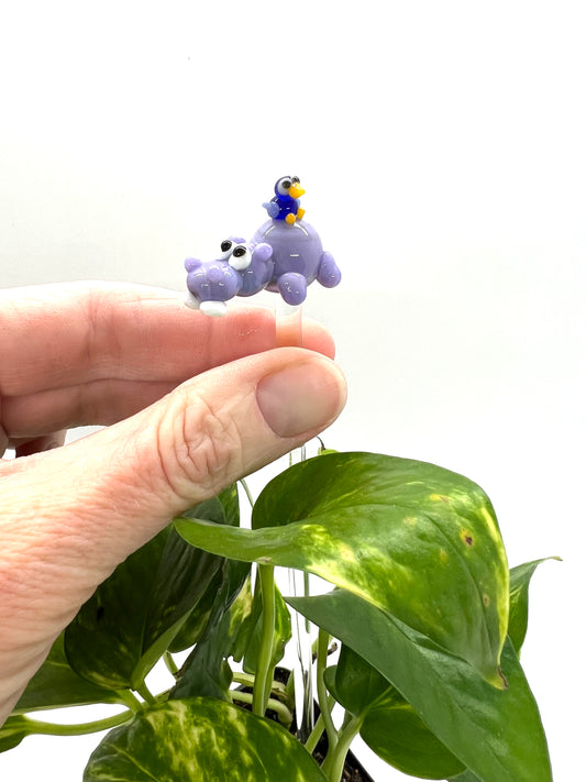 Hippo and Bird Glass Plant Stake