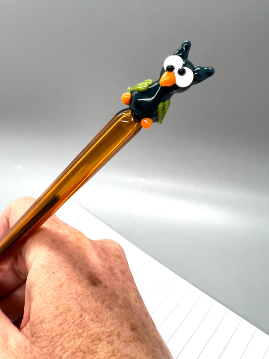 Teal Owl on Amber Glass Ink Pen