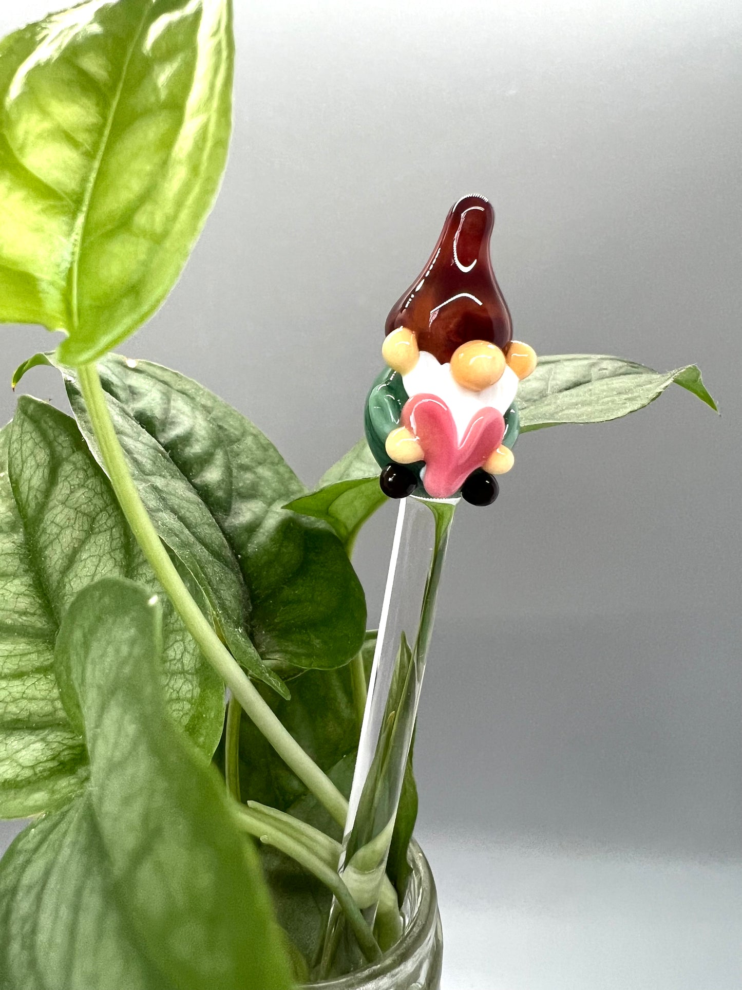 Valentines Forest Green Gnome Glass Plant Stake