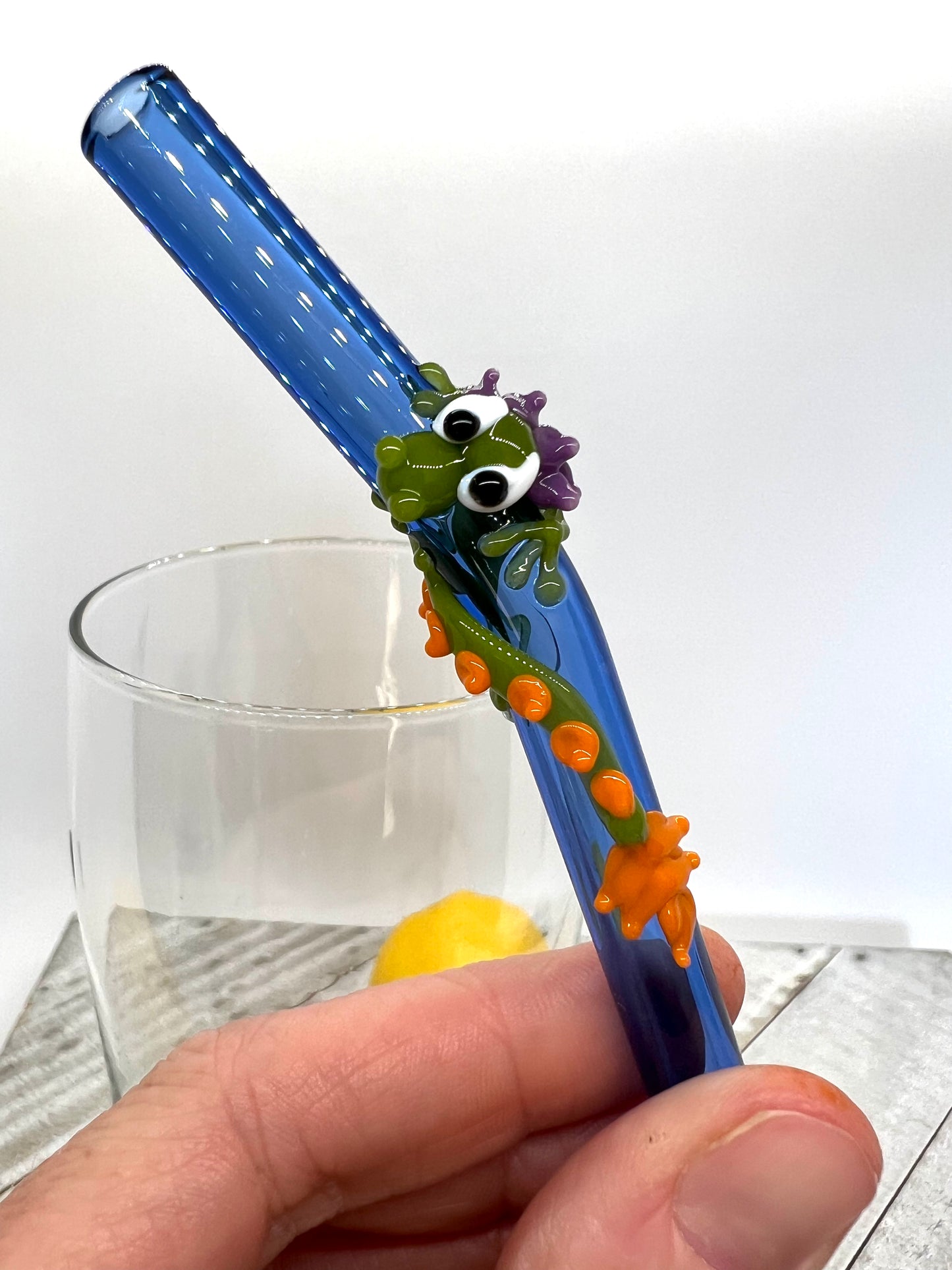 Green Dragon on a Bent Light Cobalt Blue Straw- 9 inches long