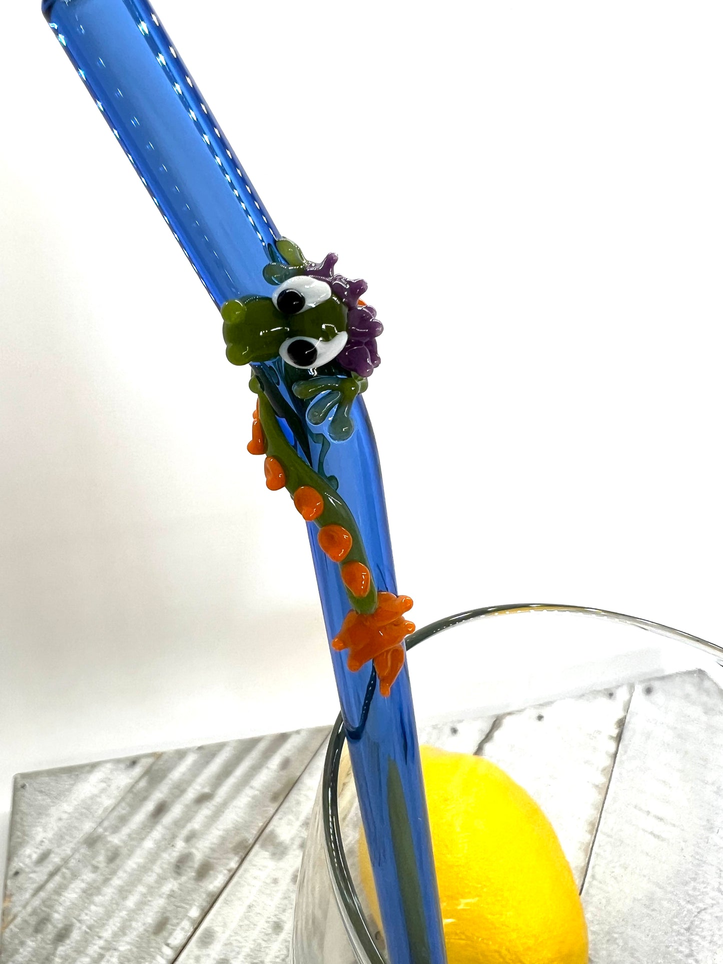 Green Dragon on a Bent Light Cobalt Blue Straw- 9 inches long