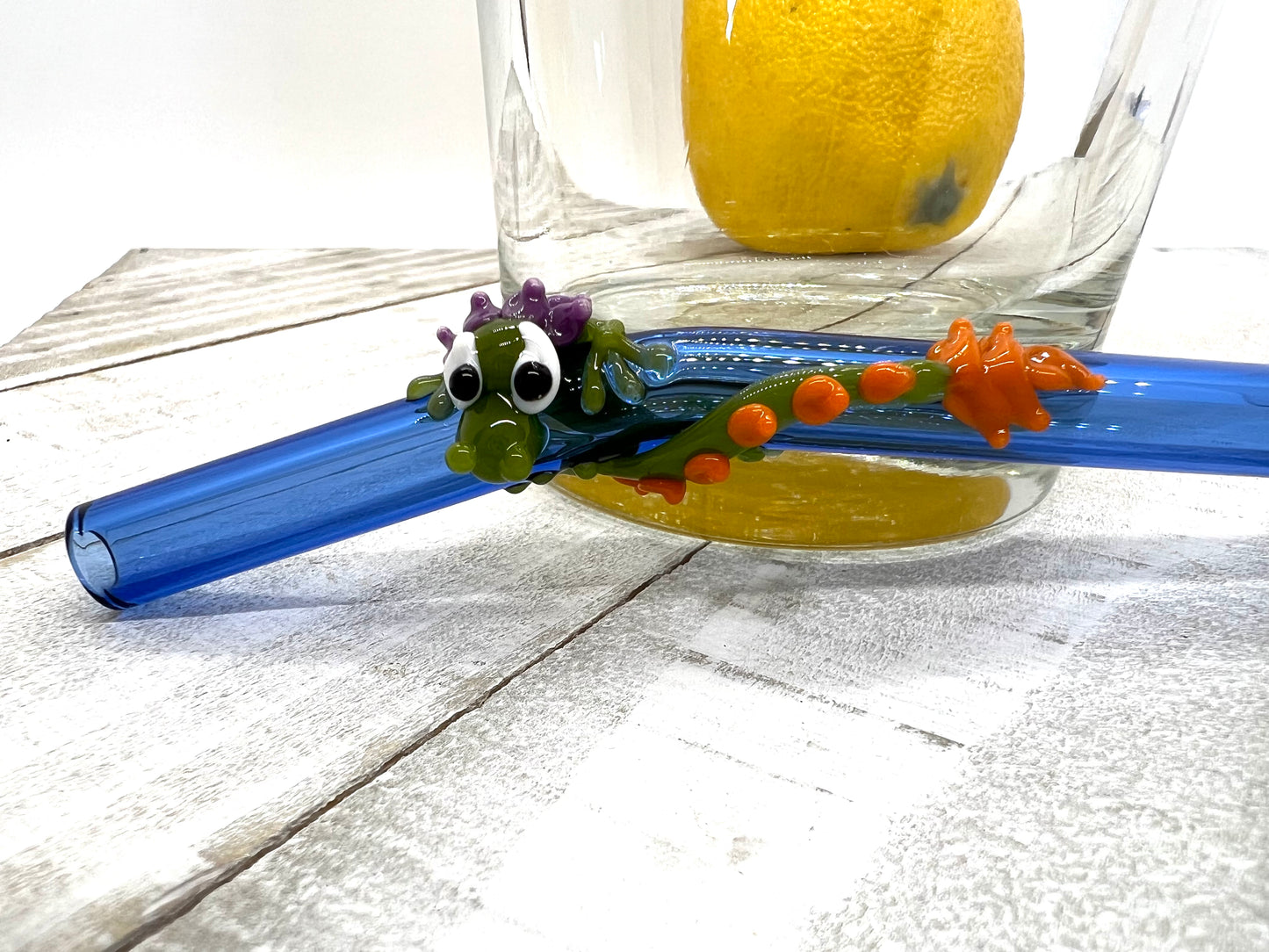 Green Dragon on a Bent Light Cobalt Blue Straw- 9 inches long