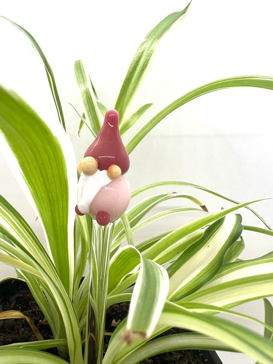 Pink Gnome with Pink Hat Glass Plant Stake