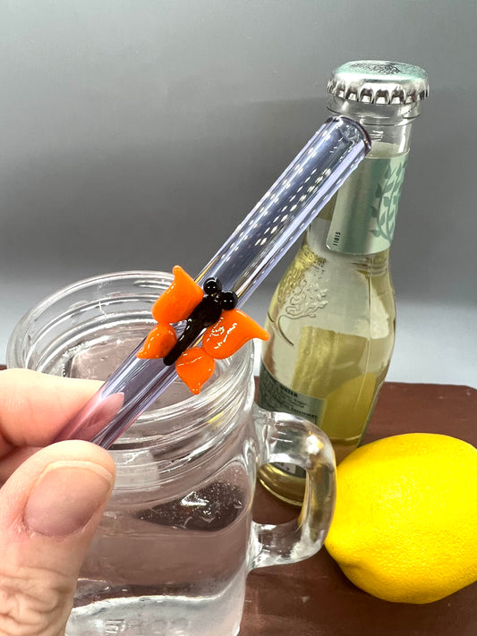 Orange Butterfly on Lavender Glass Straw 10” Bent