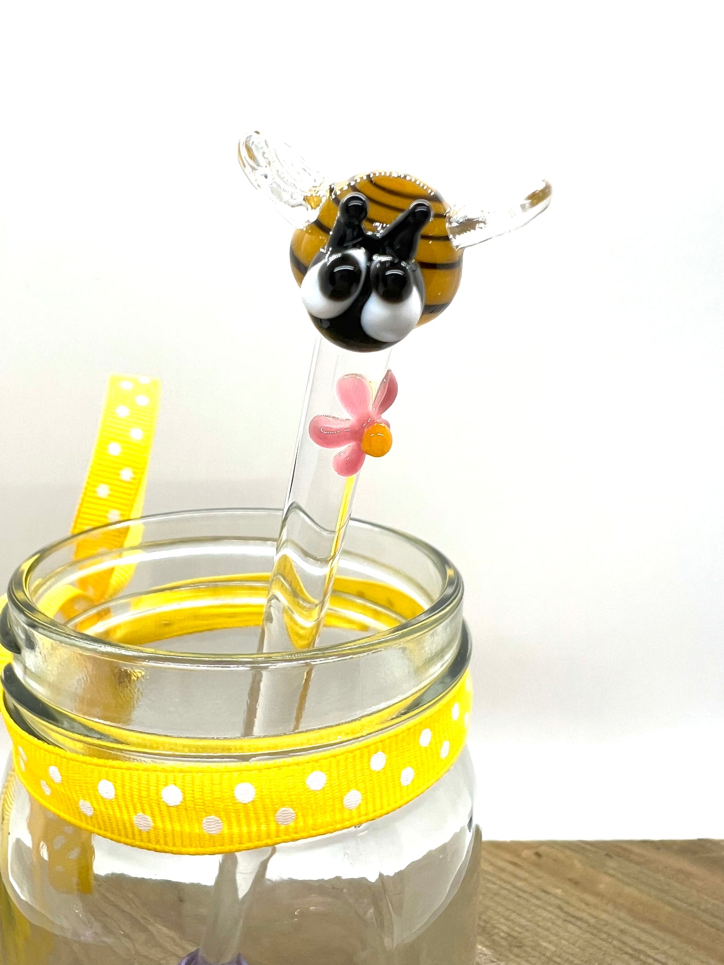 Honey Bee with Pink Flower Glass Honey Wand