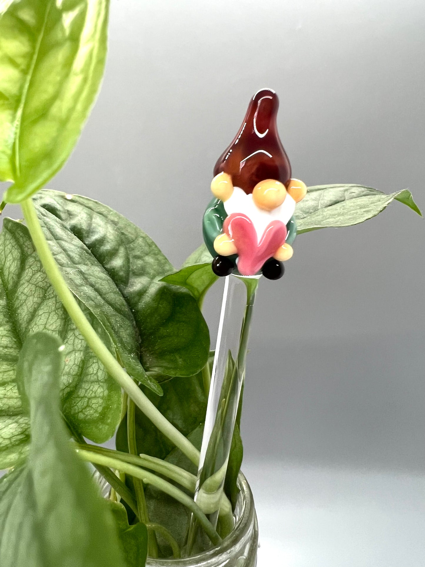 Valentines Forest Green Gnome Glass Plant Stake