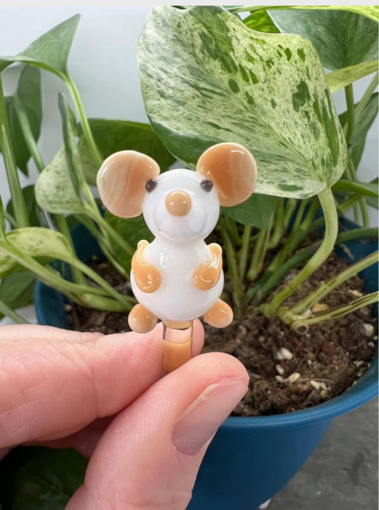 White and Peach Mouse Glass Plant Stake