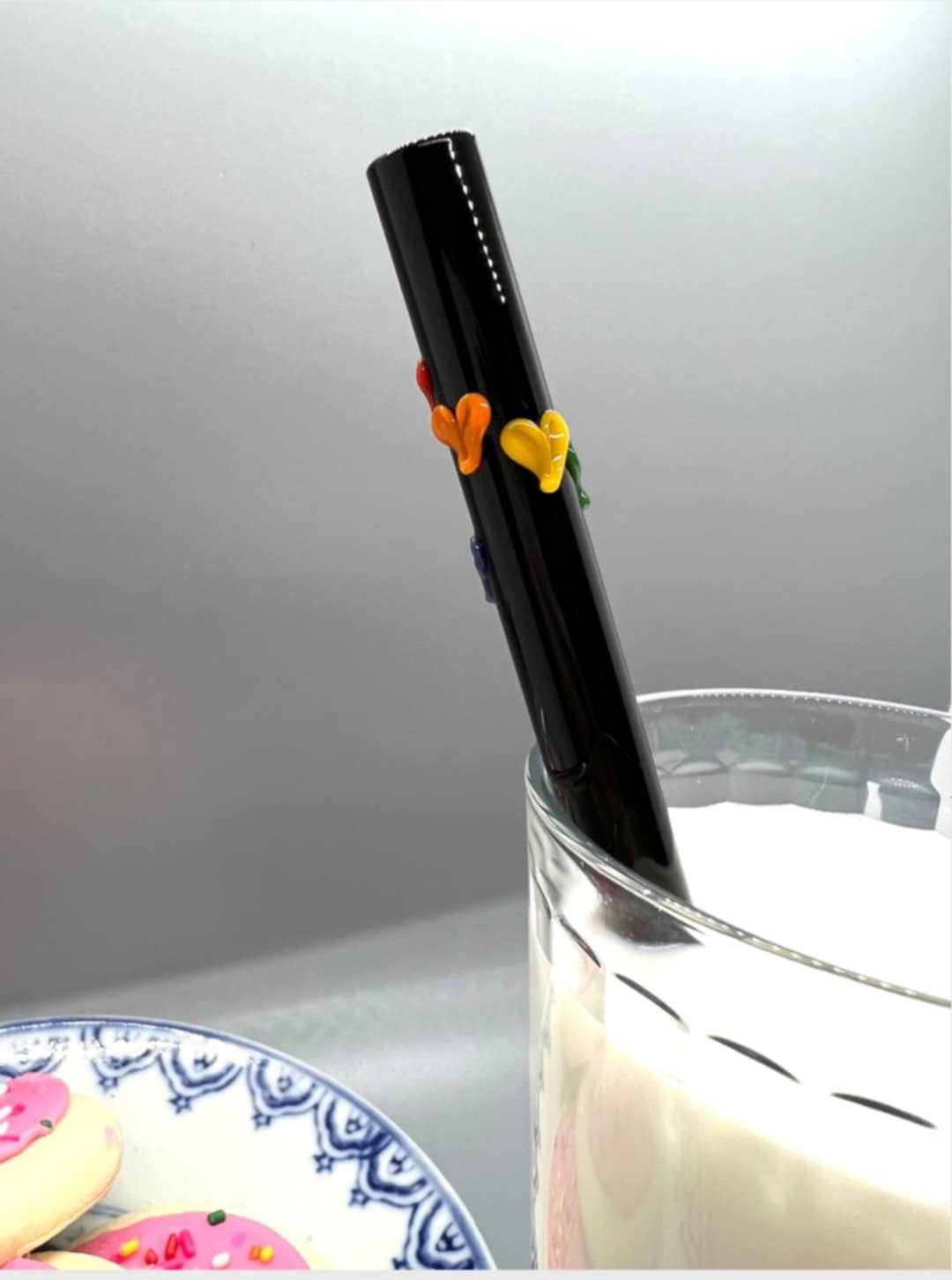 Rainbow Hearts on Black Smoothie Glass Straw