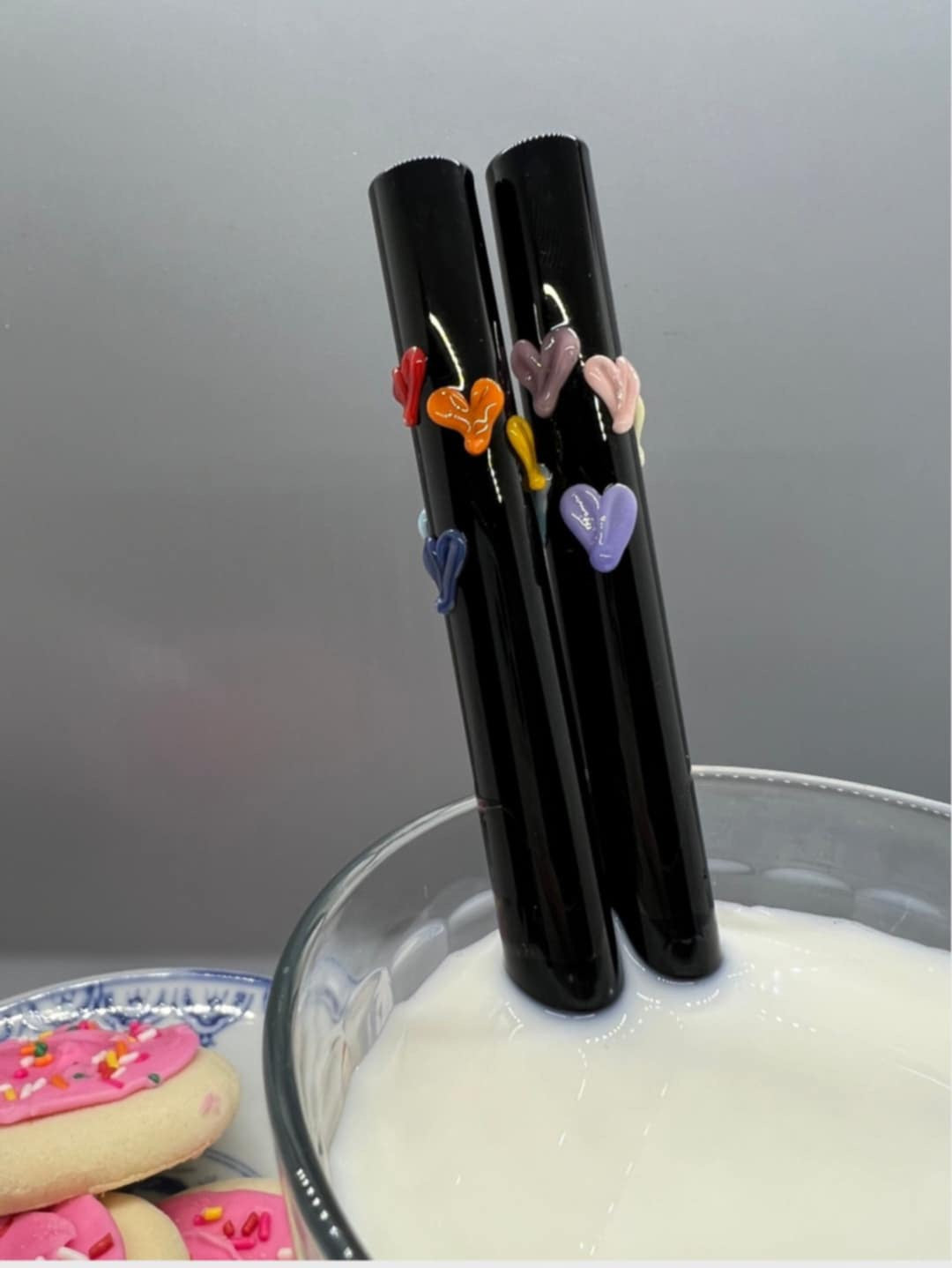 Rainbow Hearts on Black Smoothie Glass Straw