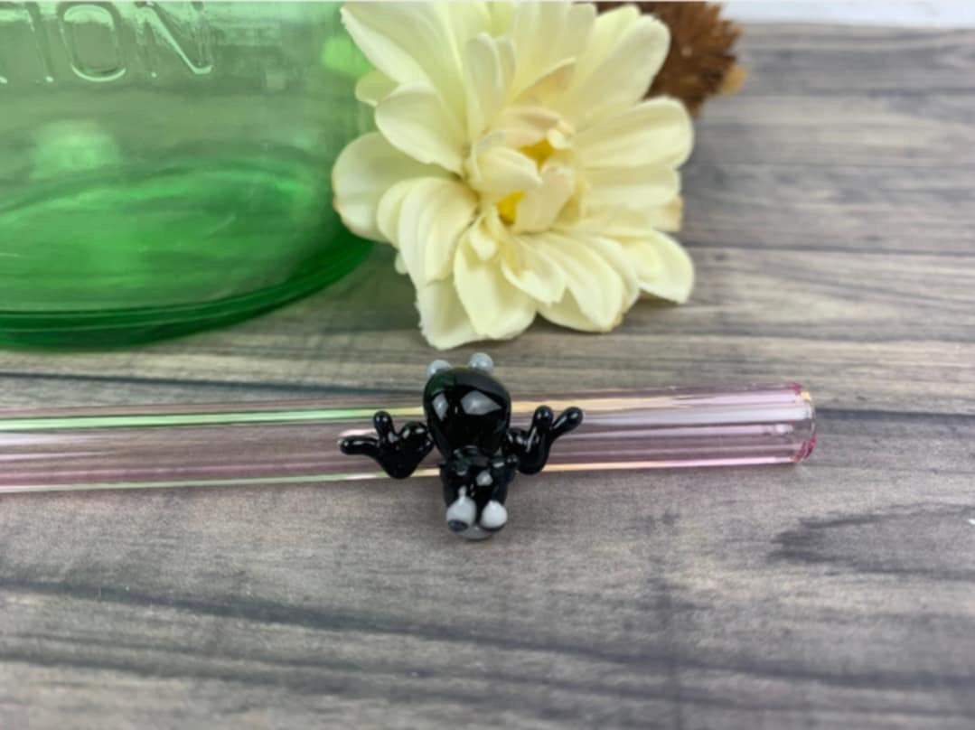 Tiny Bat On A Pink Glass Straw- 10 inches