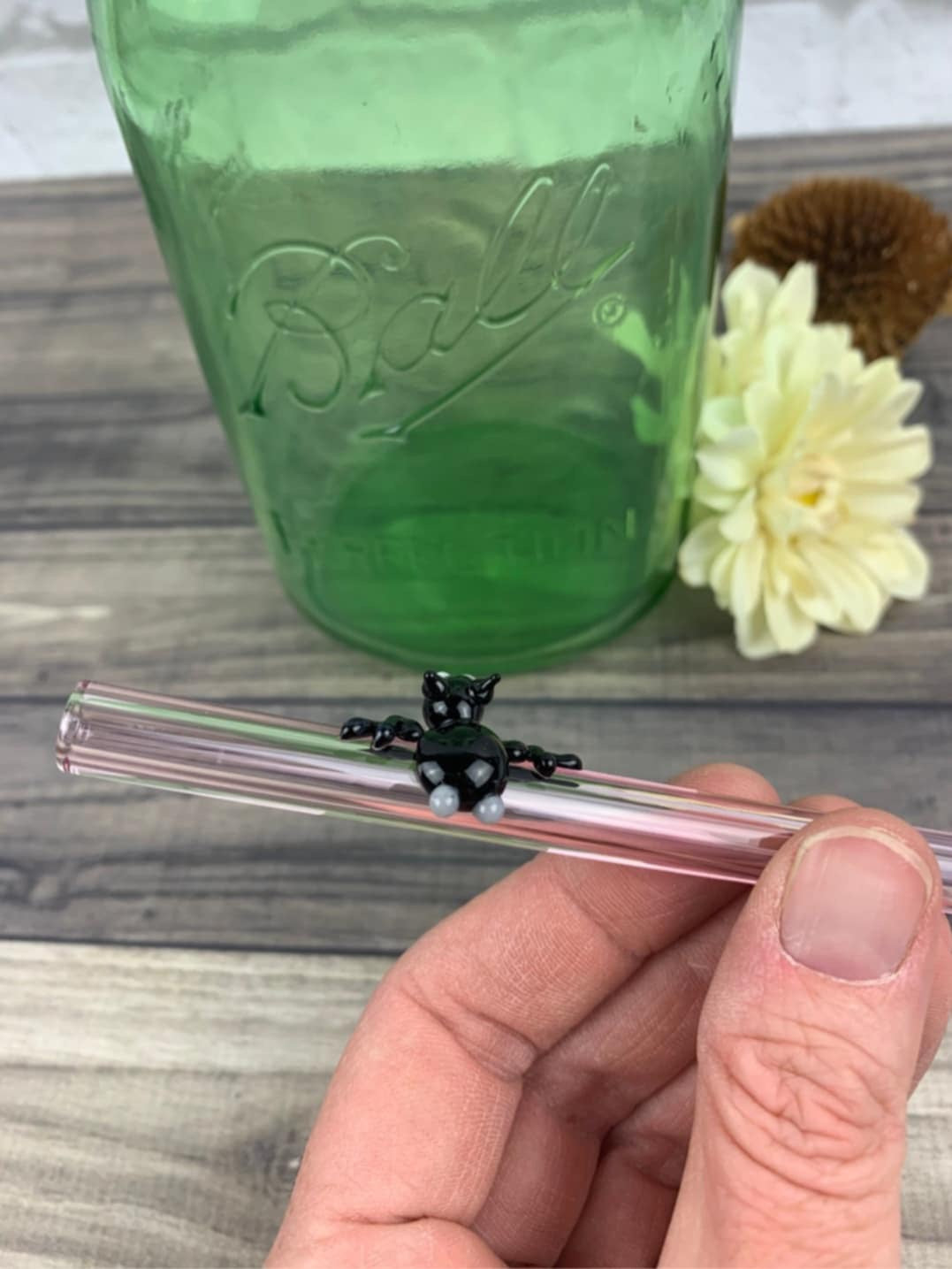 Tiny Bat On A Pink Glass Straw- 10 inches