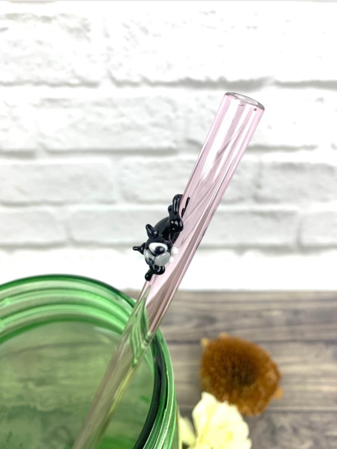 Tiny Bat On A Pink Glass Straw- 10 inches