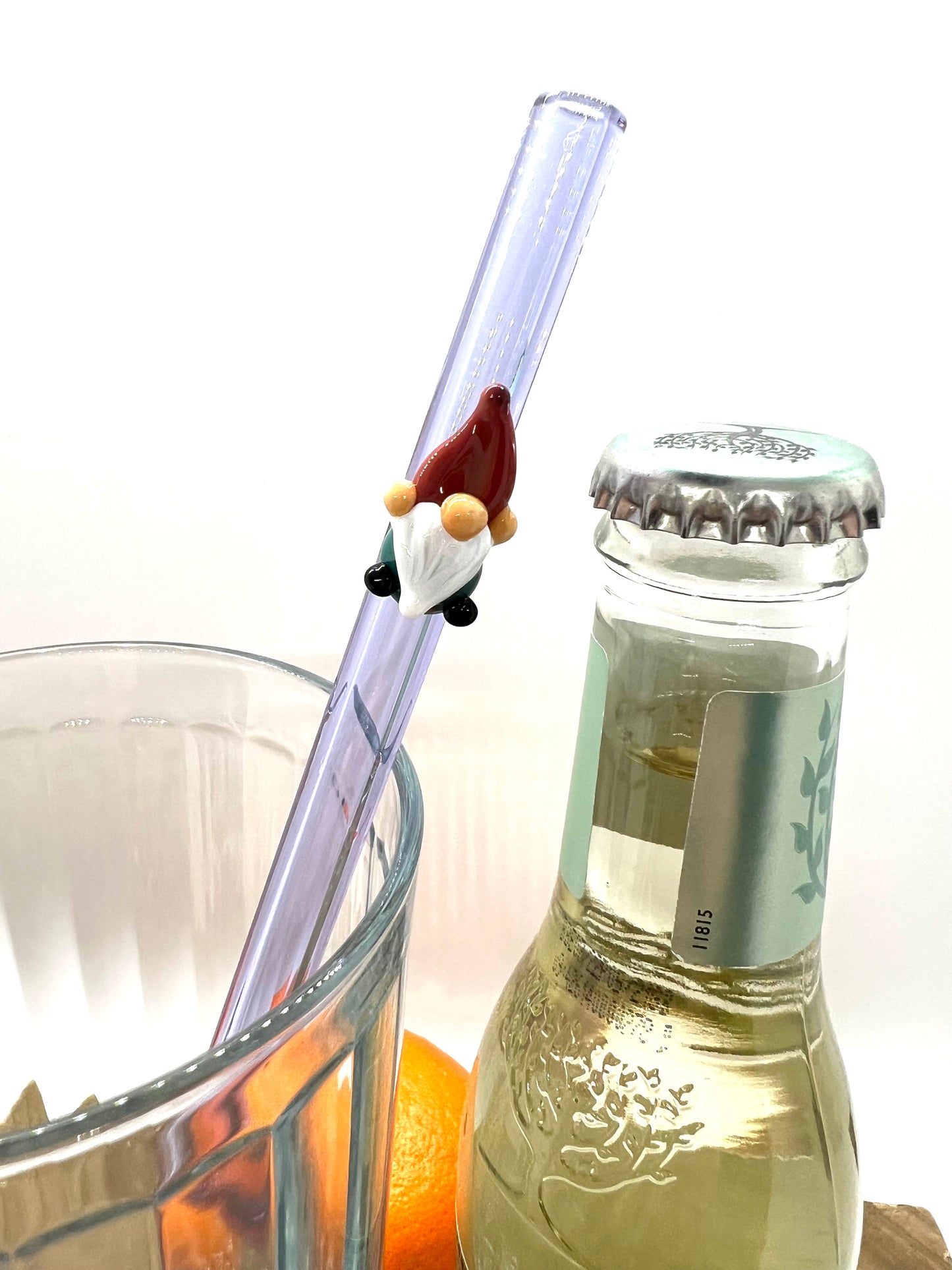 Teal Gnome on a Lavender Purple Glass Straw