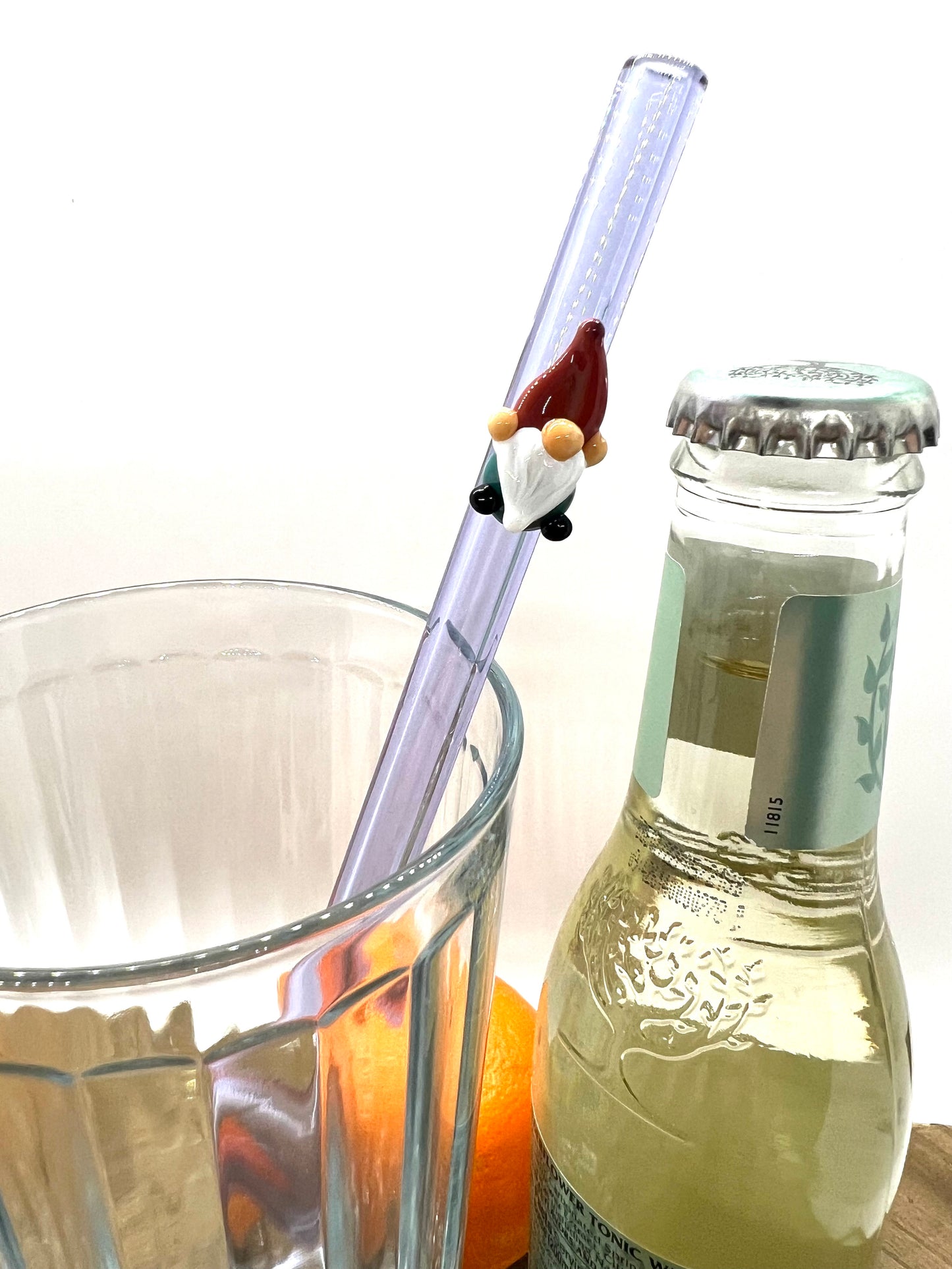 Teal Gnome on a Lavender Purple Glass Straw