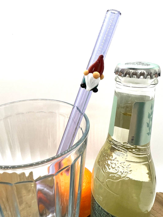 Teal Gnome on a Lavender Purple Glass Straw