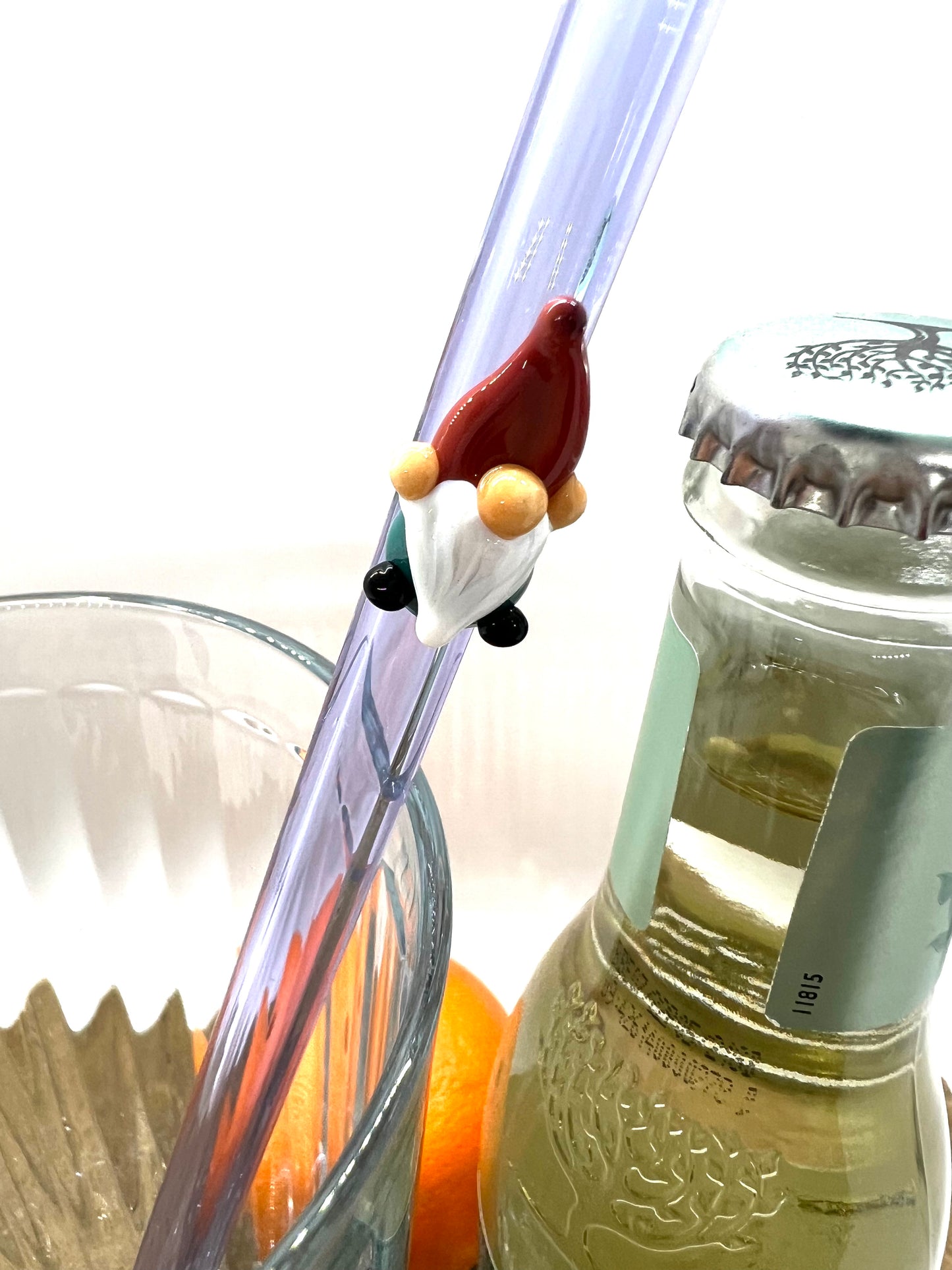 Teal Gnome on a Lavender Purple Glass Straw