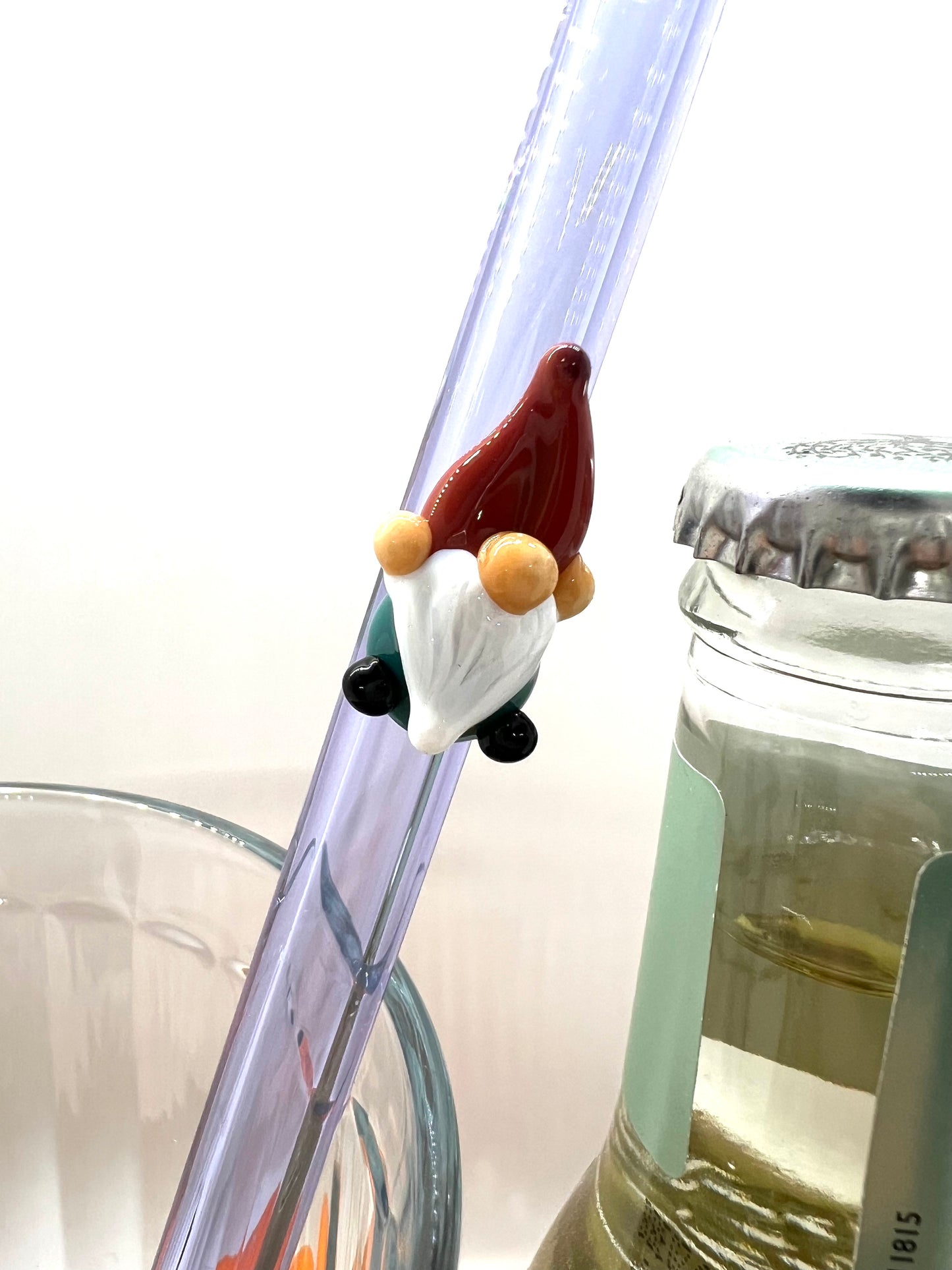 Teal Gnome on a Lavender Purple Glass Straw