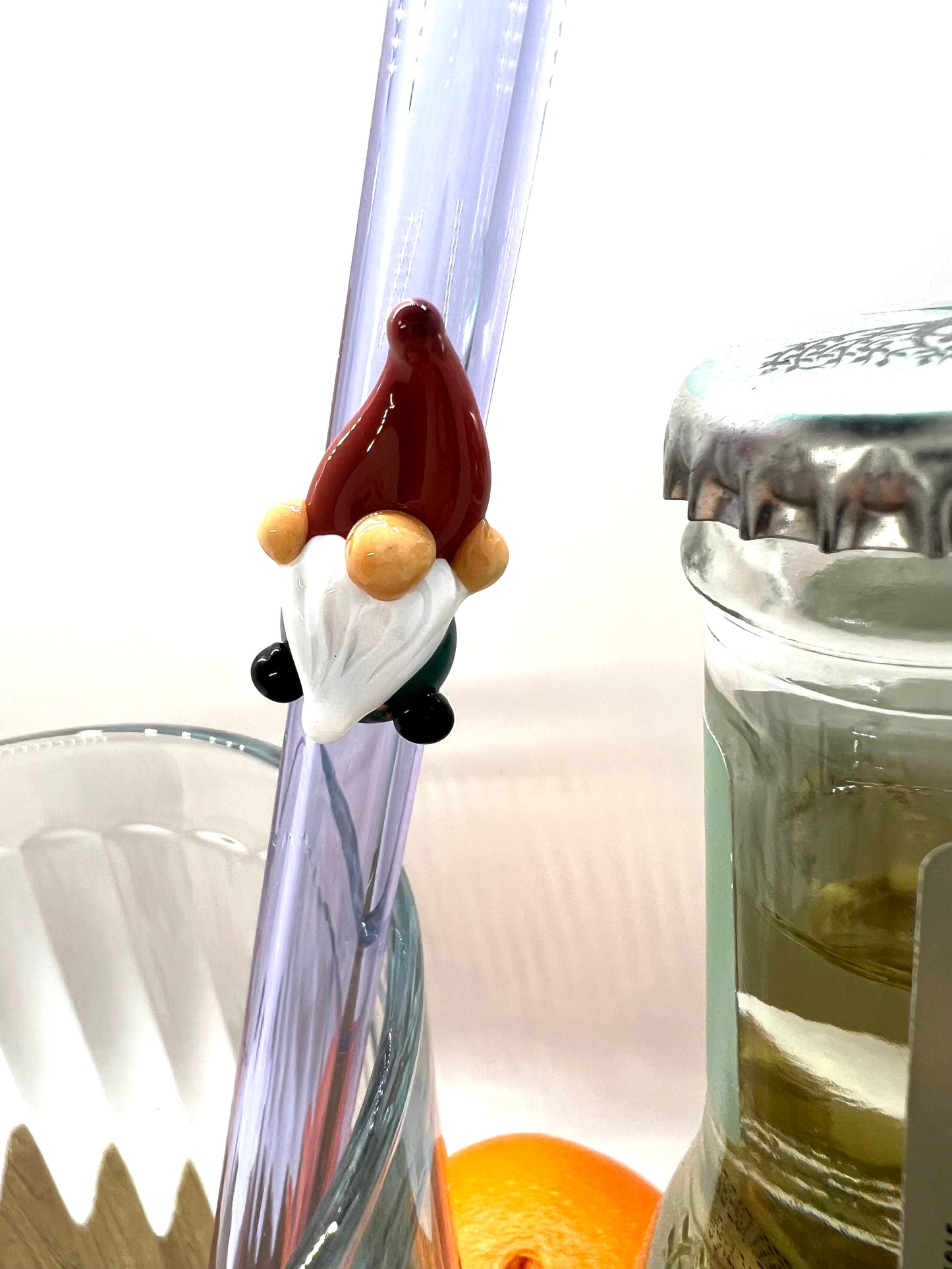 Teal Gnome on a Lavender Purple Glass Straw